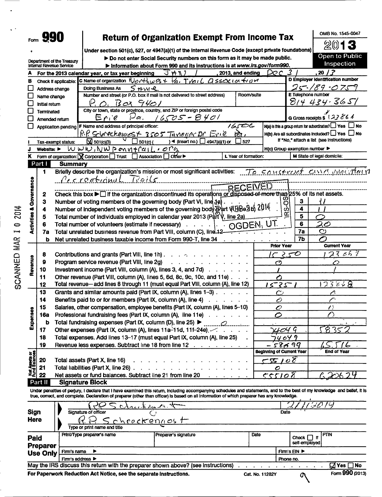 Image of first page of 2013 Form 990 for Northwest Pennsylvania Trail Association