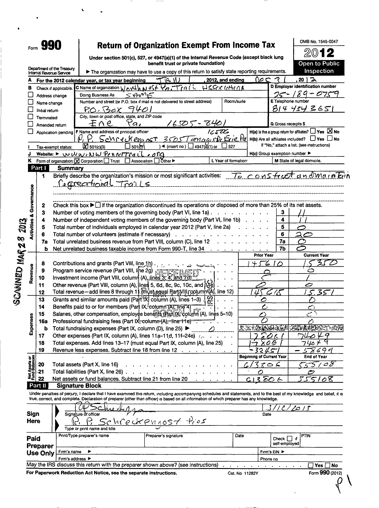 Image of first page of 2012 Form 990 for Northwest Pennsylvania Trail Association