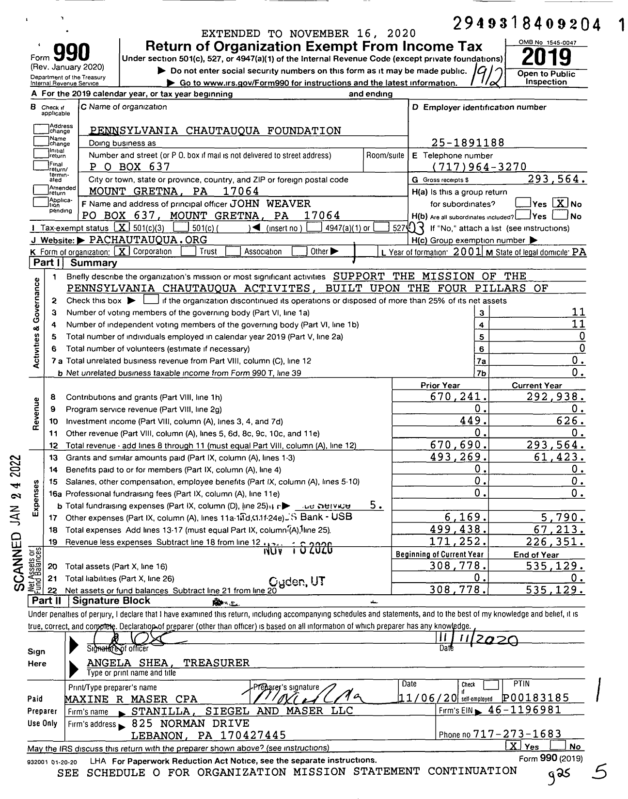 Image of first page of 2019 Form 990 for Pennsylvania Chautauqua Foundation