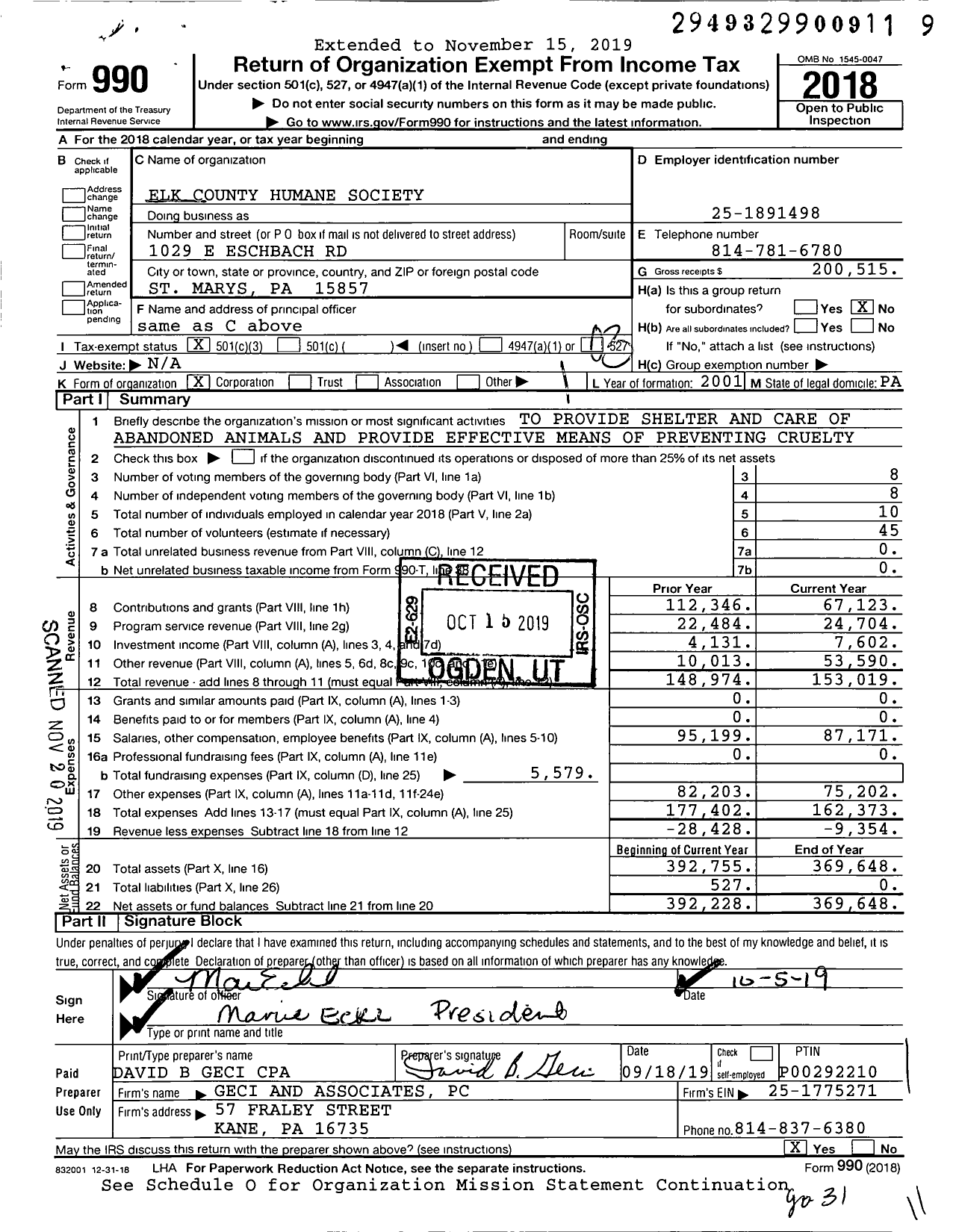 Image of first page of 2018 Form 990 for Elk County Humane Society