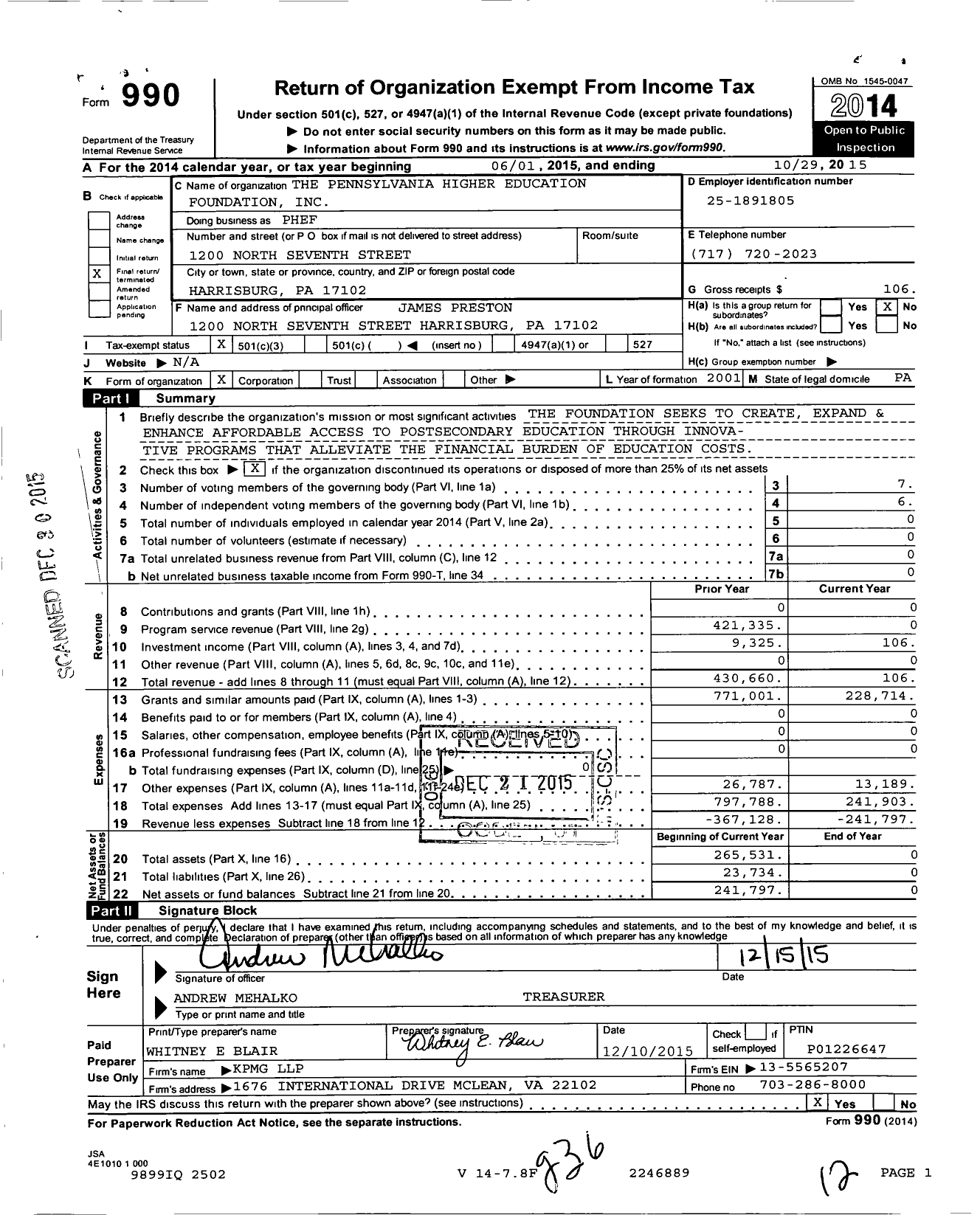 Image of first page of 2014 Form 990 for Pennsylvania Higher Education Foundation (PHEF)