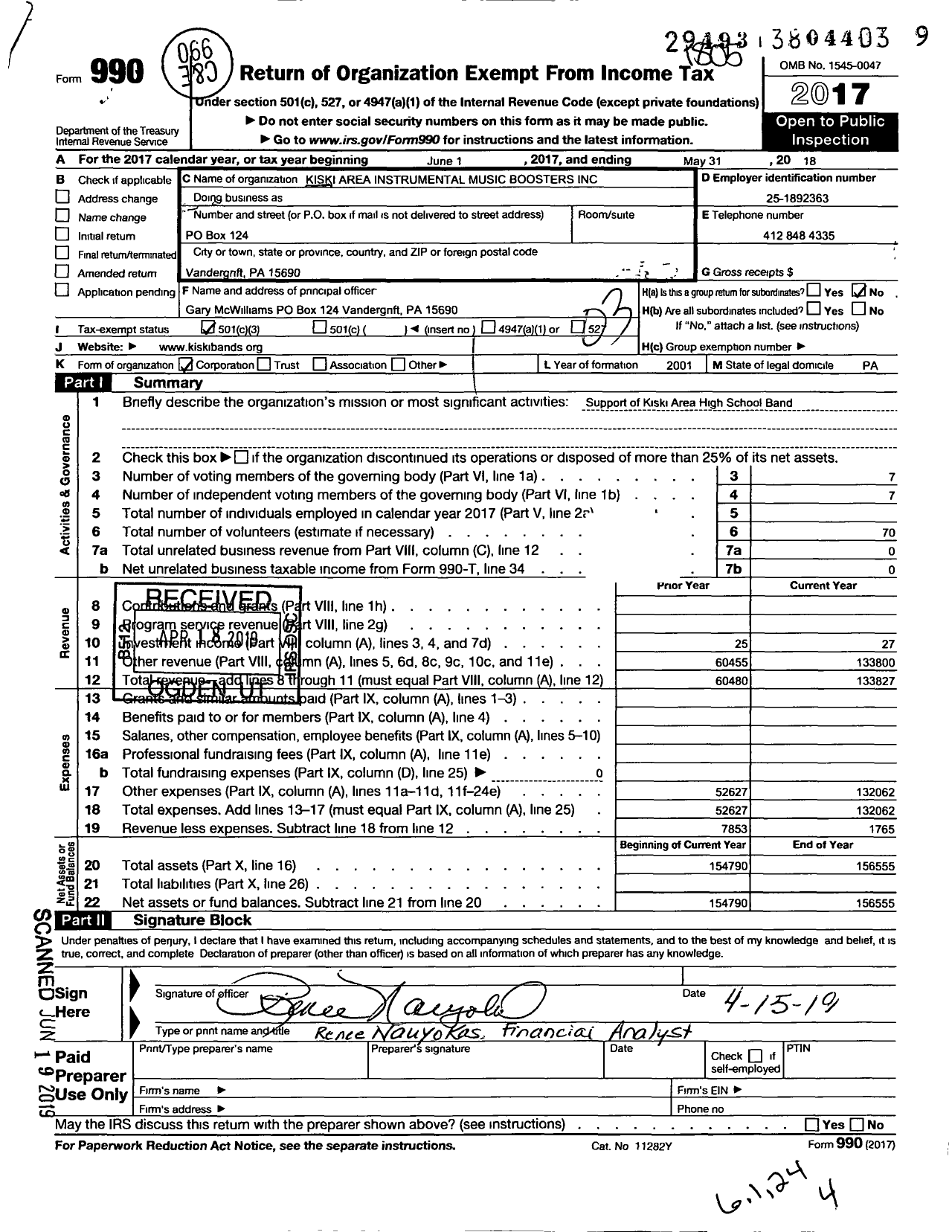 Image of first page of 2017 Form 990 for Kiski Area Instrumental Music Boosters (KAIB)