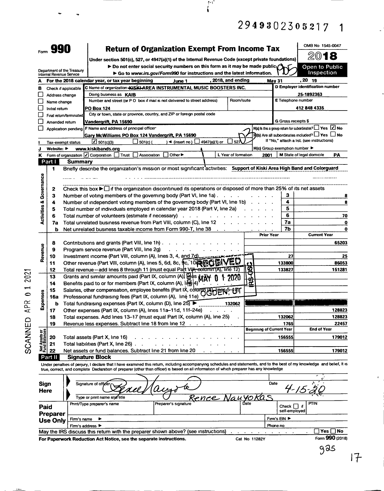 Image of first page of 2018 Form 990 for Kiski Area Instrumental Music Boosters (KAIB)