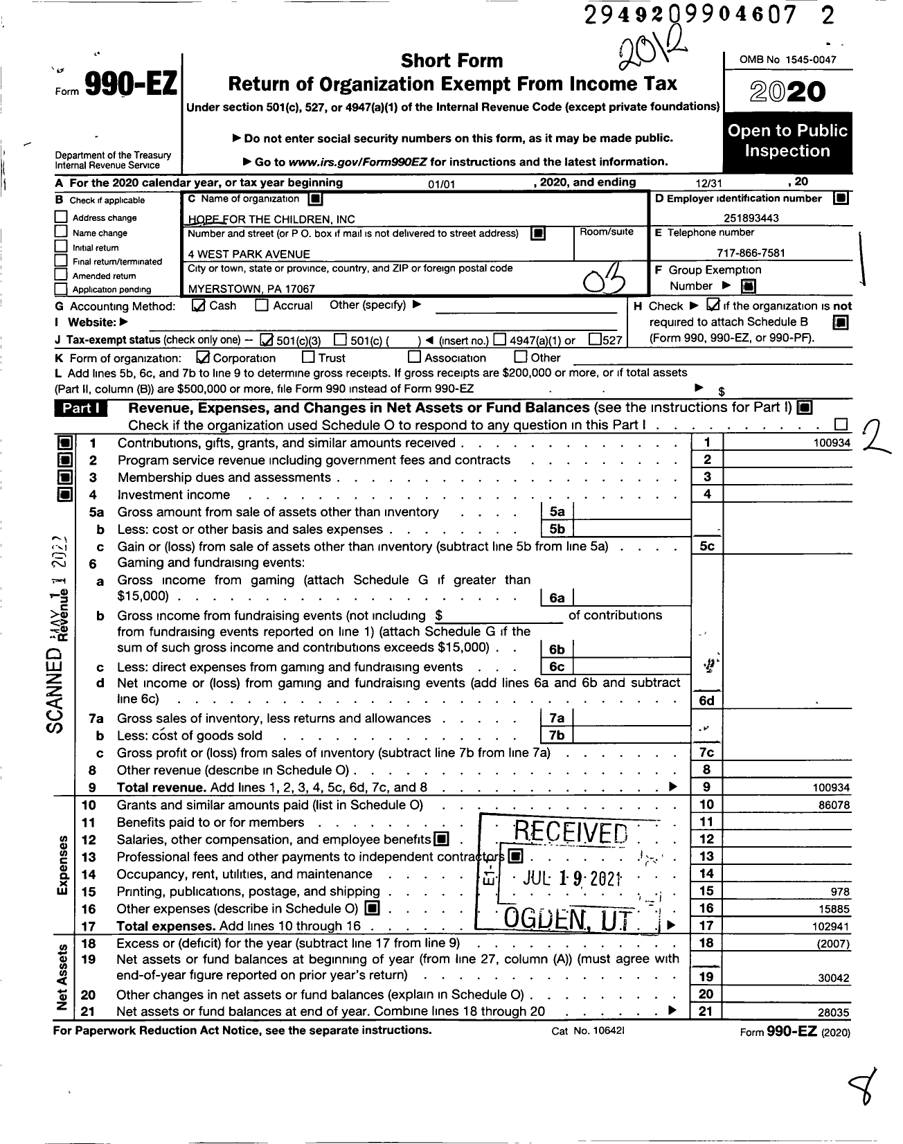 Image of first page of 2020 Form 990EZ for Hope for the Children