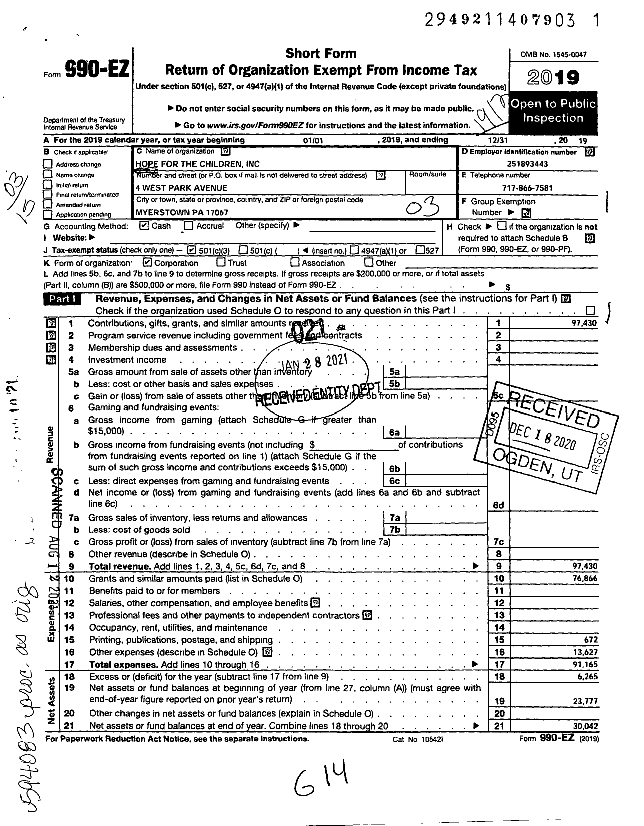 Image of first page of 2019 Form 990EZ for Hope for the Children