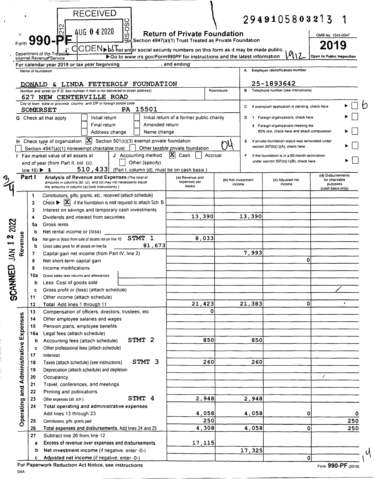 Image of first page of 2019 Form 990PF for Donald and Linda Fetterolf Foundation