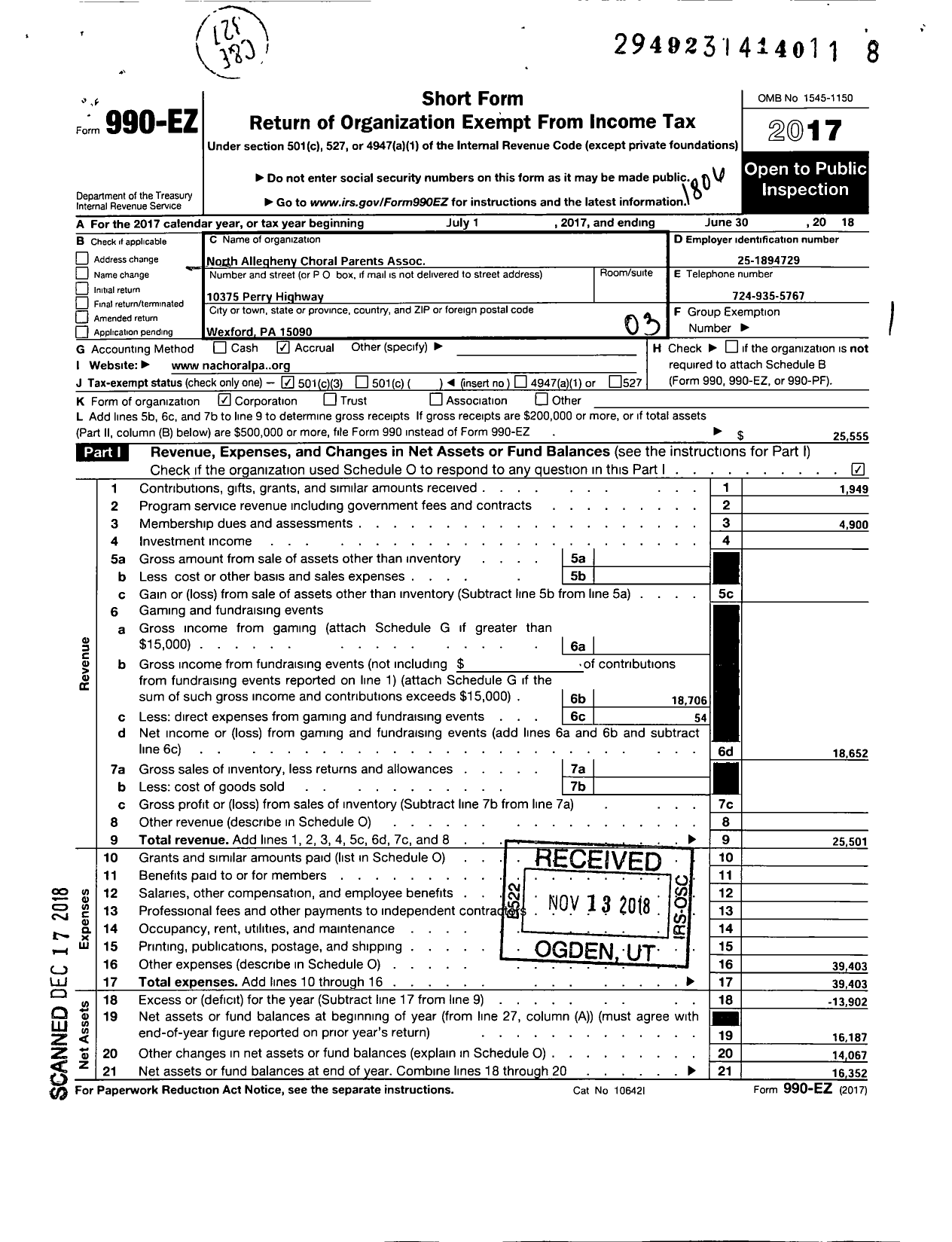 Image of first page of 2017 Form 990EZ for North Allegheny Choral Parents Association