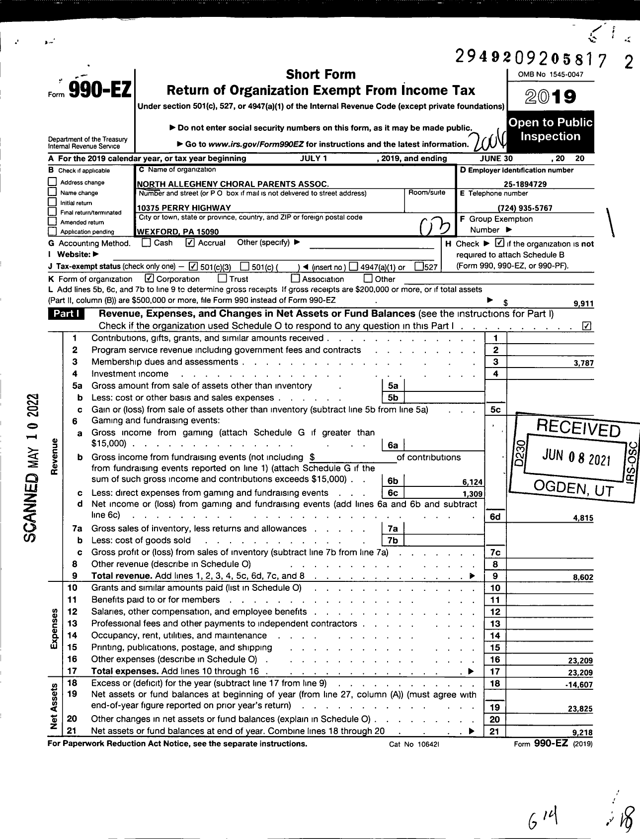 Image of first page of 2019 Form 990EZ for North Allegheny Choral Parents Association