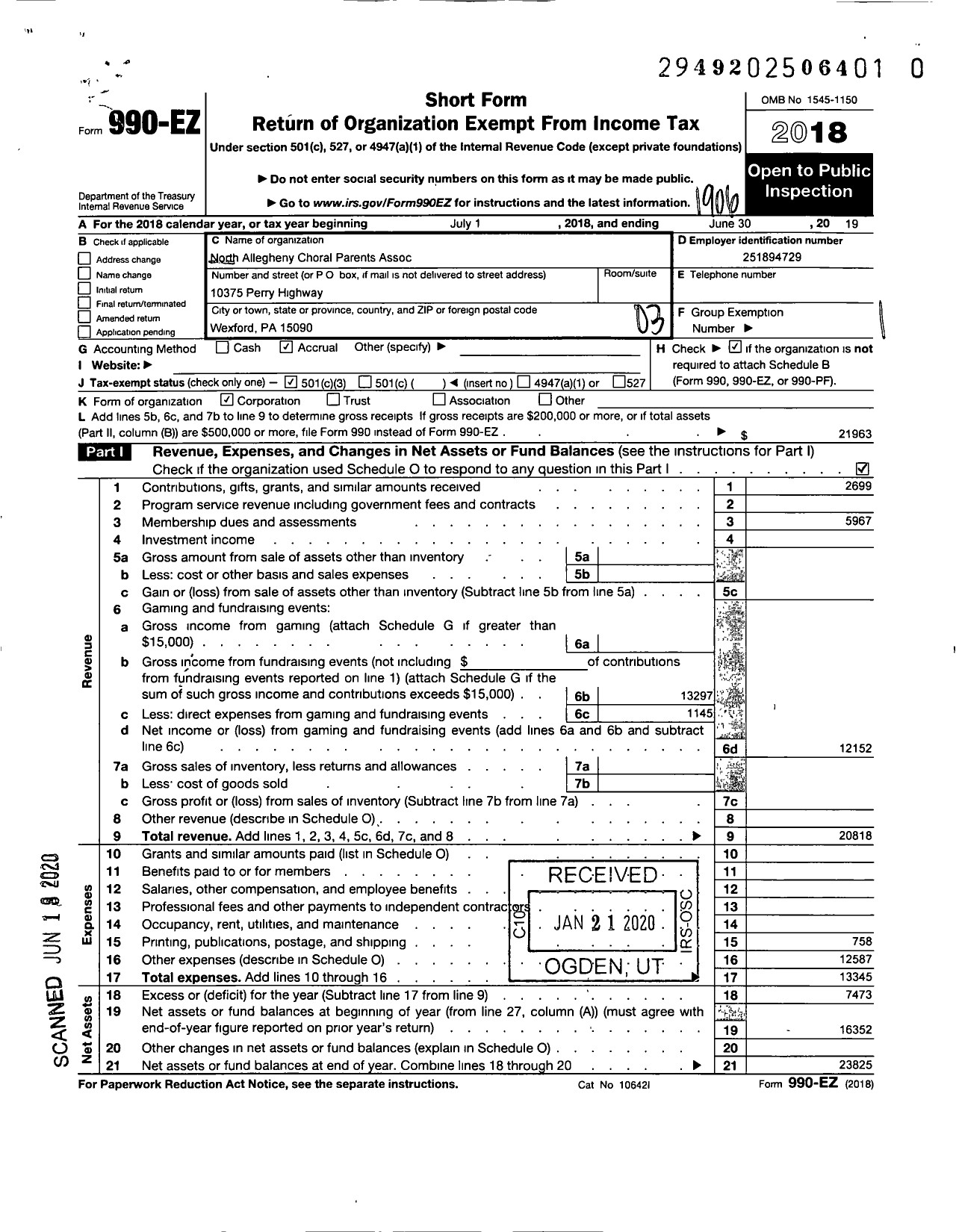 Image of first page of 2018 Form 990EZ for North Allegheny Choral Parents Association