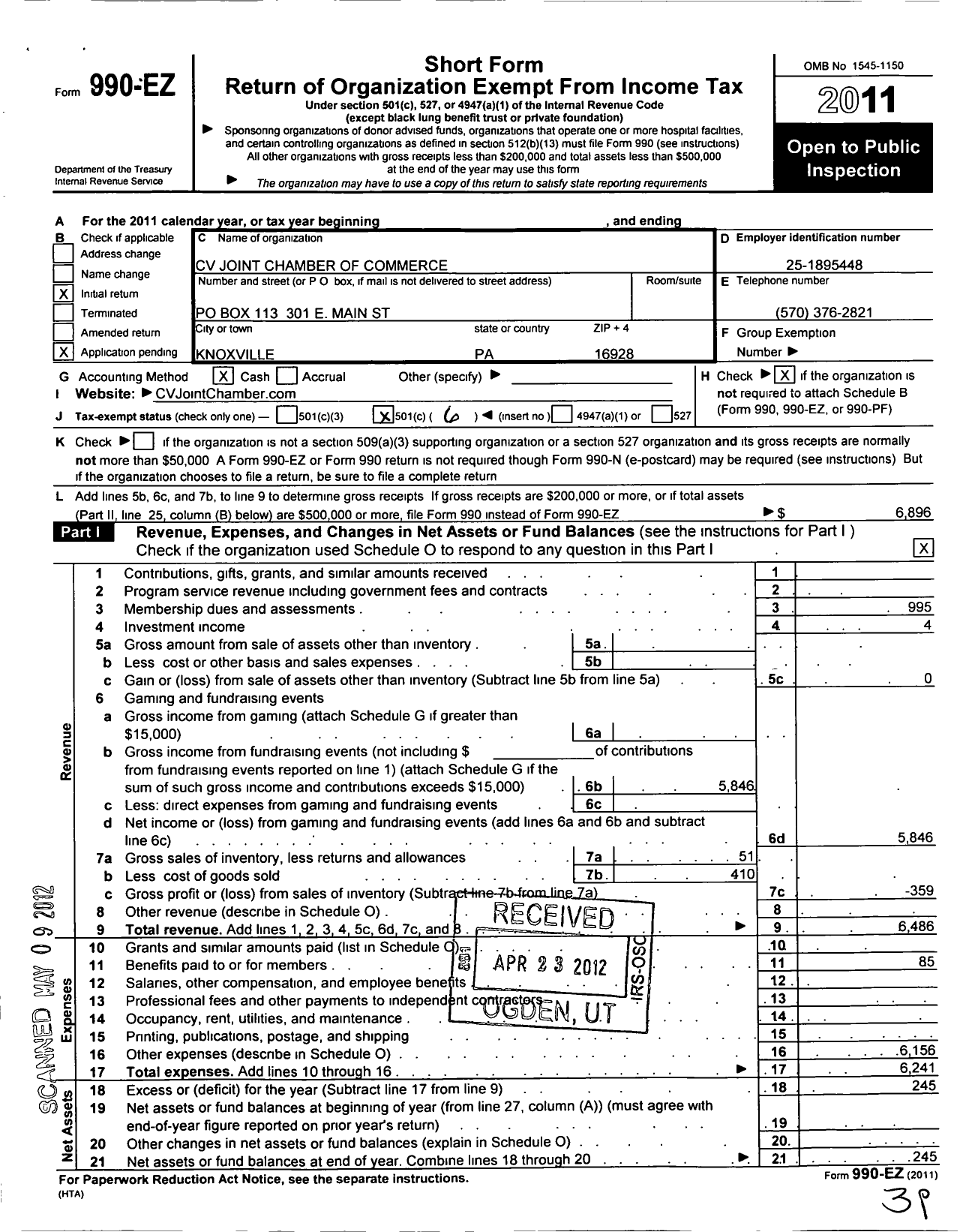 Image of first page of 2011 Form 990EO for Cowanesque Valley Joint Chamber of Commerce