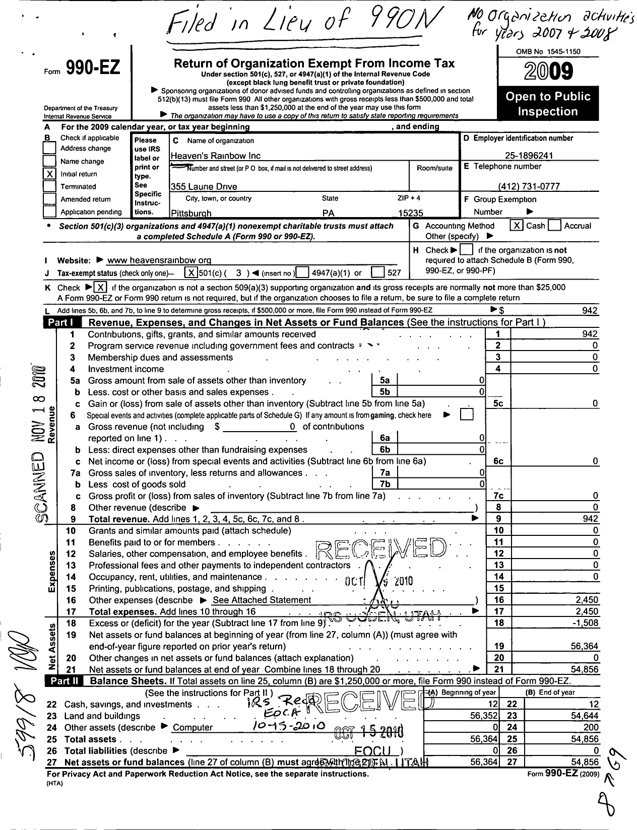 Image of first page of 2009 Form 990EZ for Heavens Rainbow