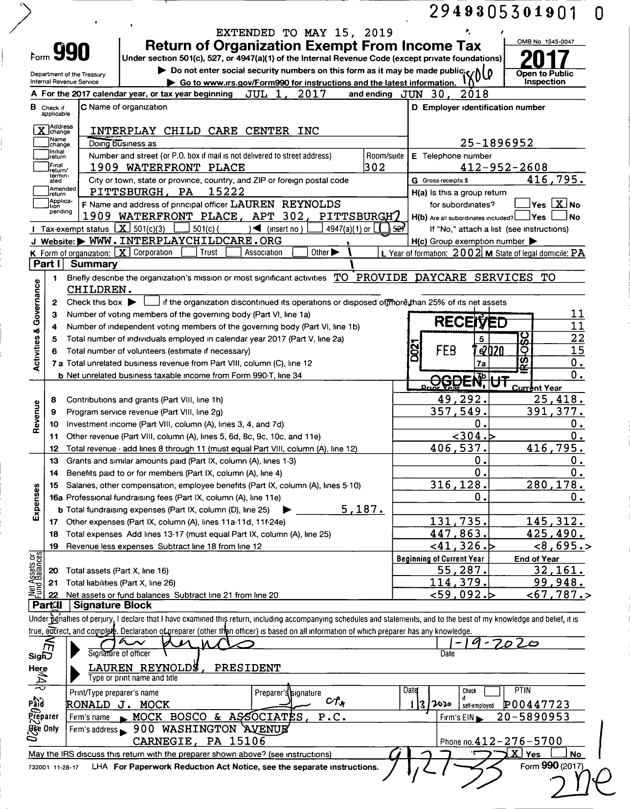 Image of first page of 2017 Form 990 for Interplay Child Care Center