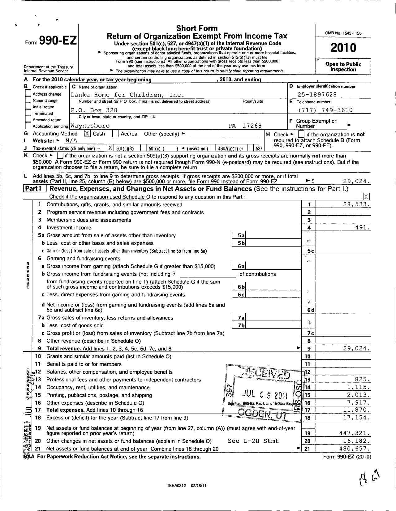 Image of first page of 2010 Form 990EZ for Lanka Home for Children