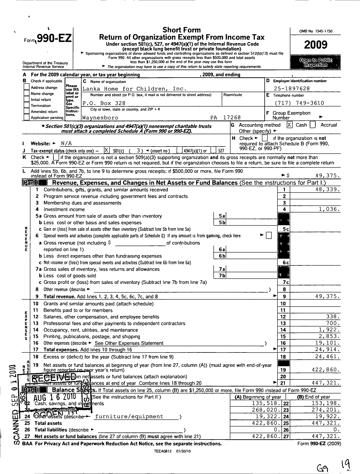 Image of first page of 2009 Form 990EZ for Lanka Home for Children