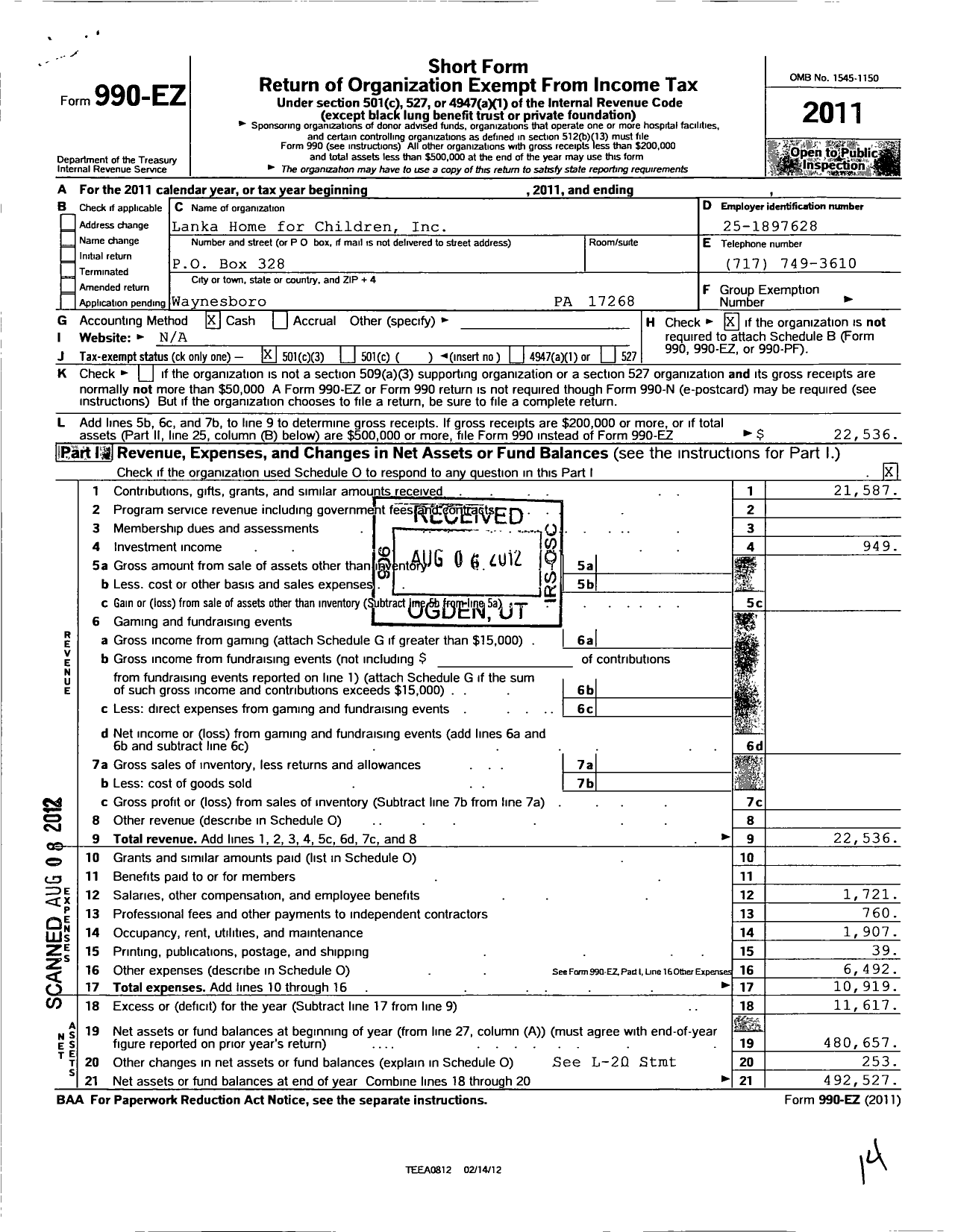 Image of first page of 2011 Form 990EZ for Lanka Home for Children