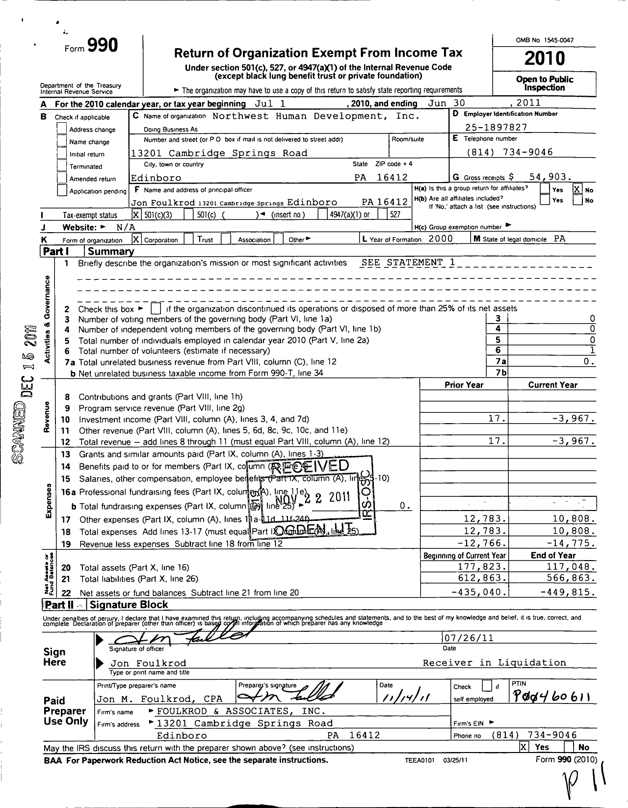 Image of first page of 2010 Form 990 for Northwest Human Development