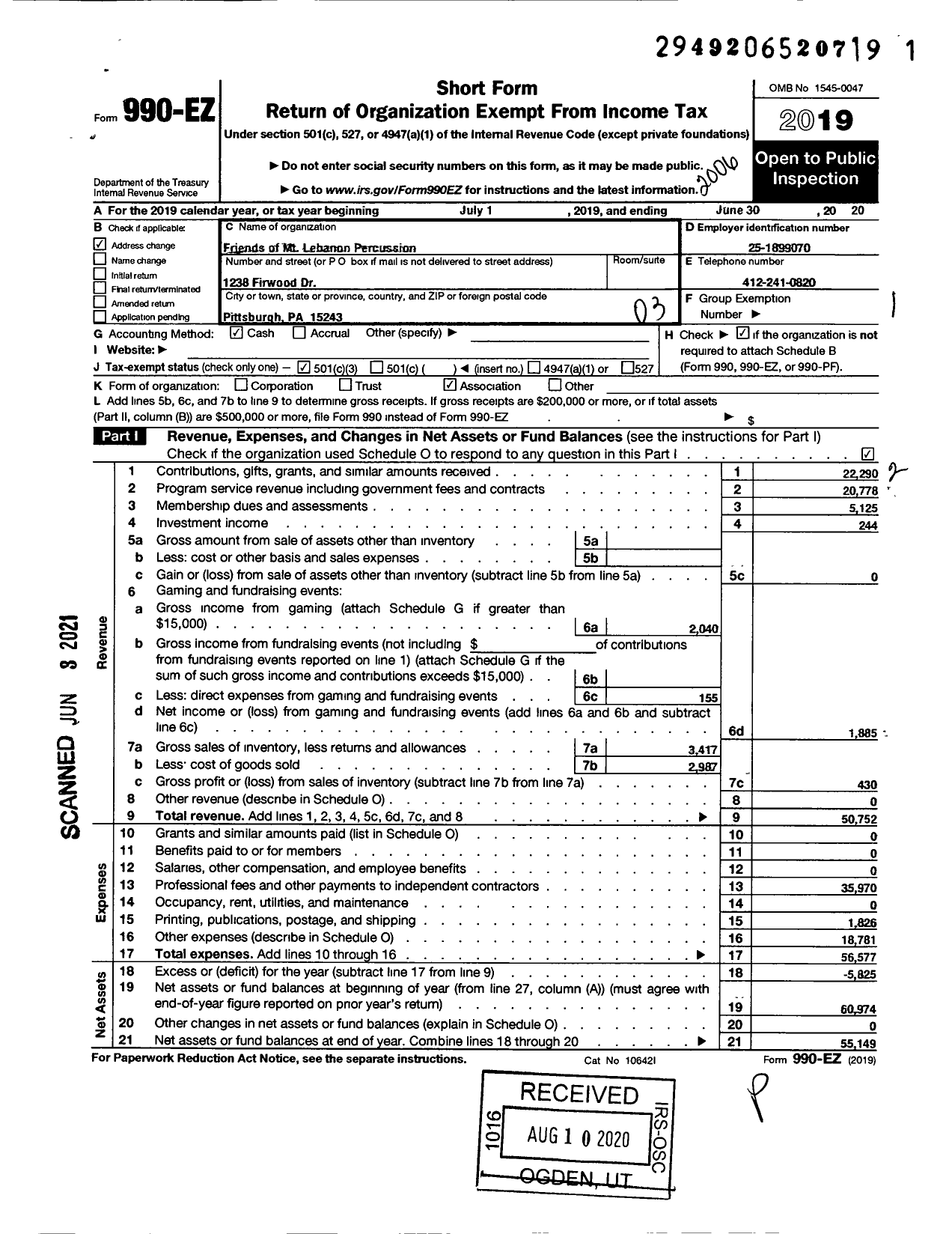 Image of first page of 2019 Form 990EZ for Friends of MT Lebanon Percussion