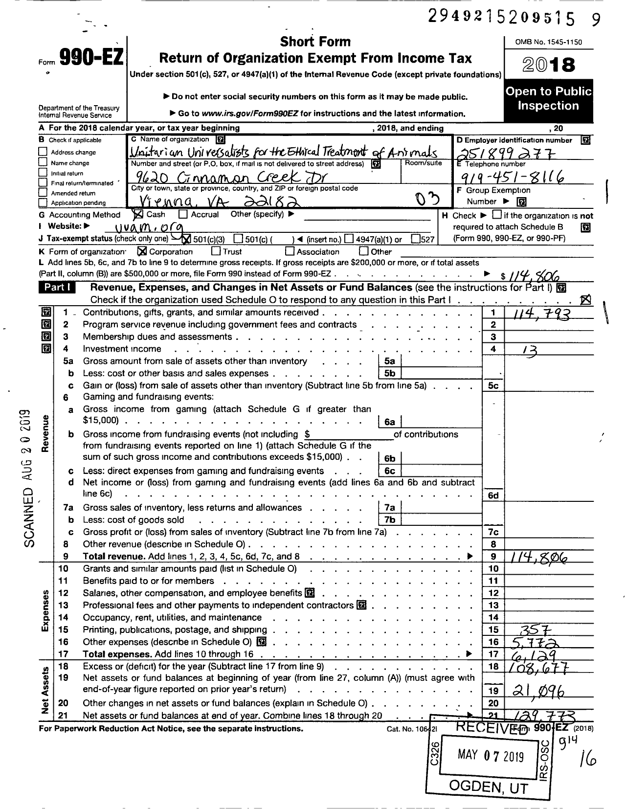 Image of first page of 2018 Form 990EZ for Unitarian Universalists for the Ethical Treatment of Animals