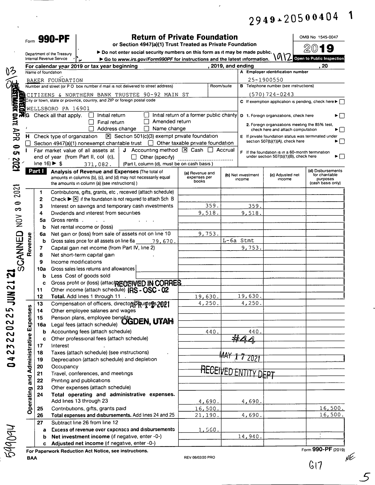 Image of first page of 2019 Form 990PF for Baker Foundation