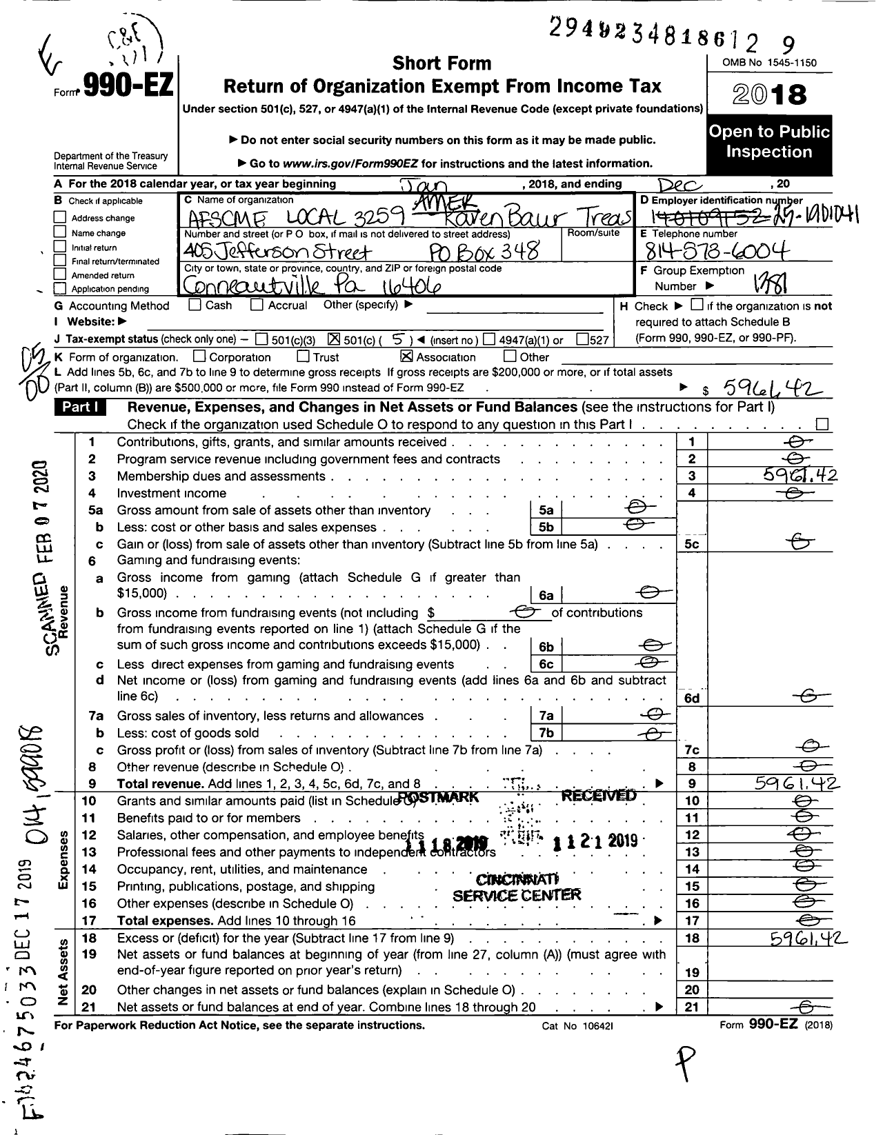 Image of first page of 2018 Form 990EO for American Federation of State County & Municipal Employees - L3259pa Northwestern Pa Doc Empls