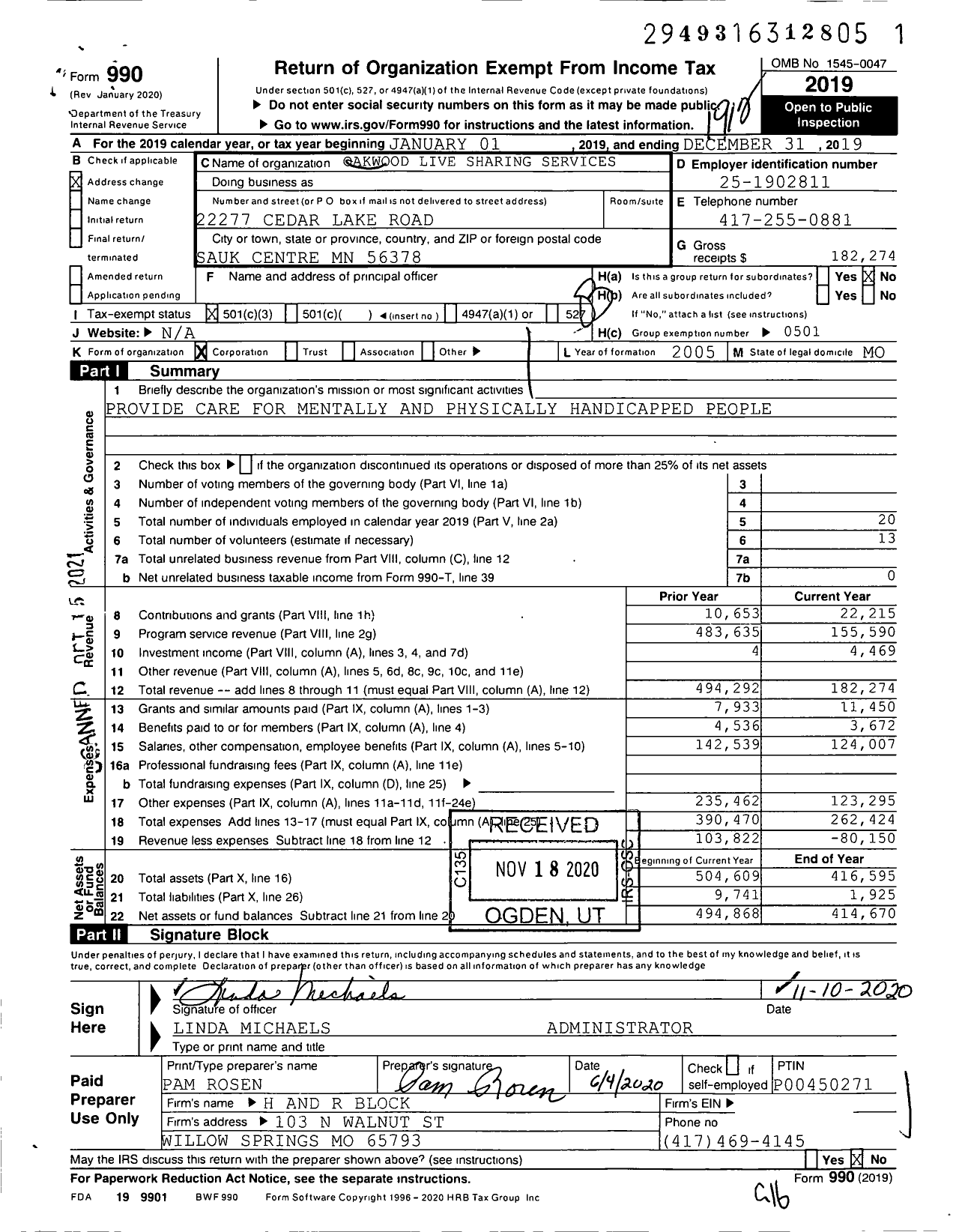 Image of first page of 2019 Form 990 for Oakwood Live Sharing Services