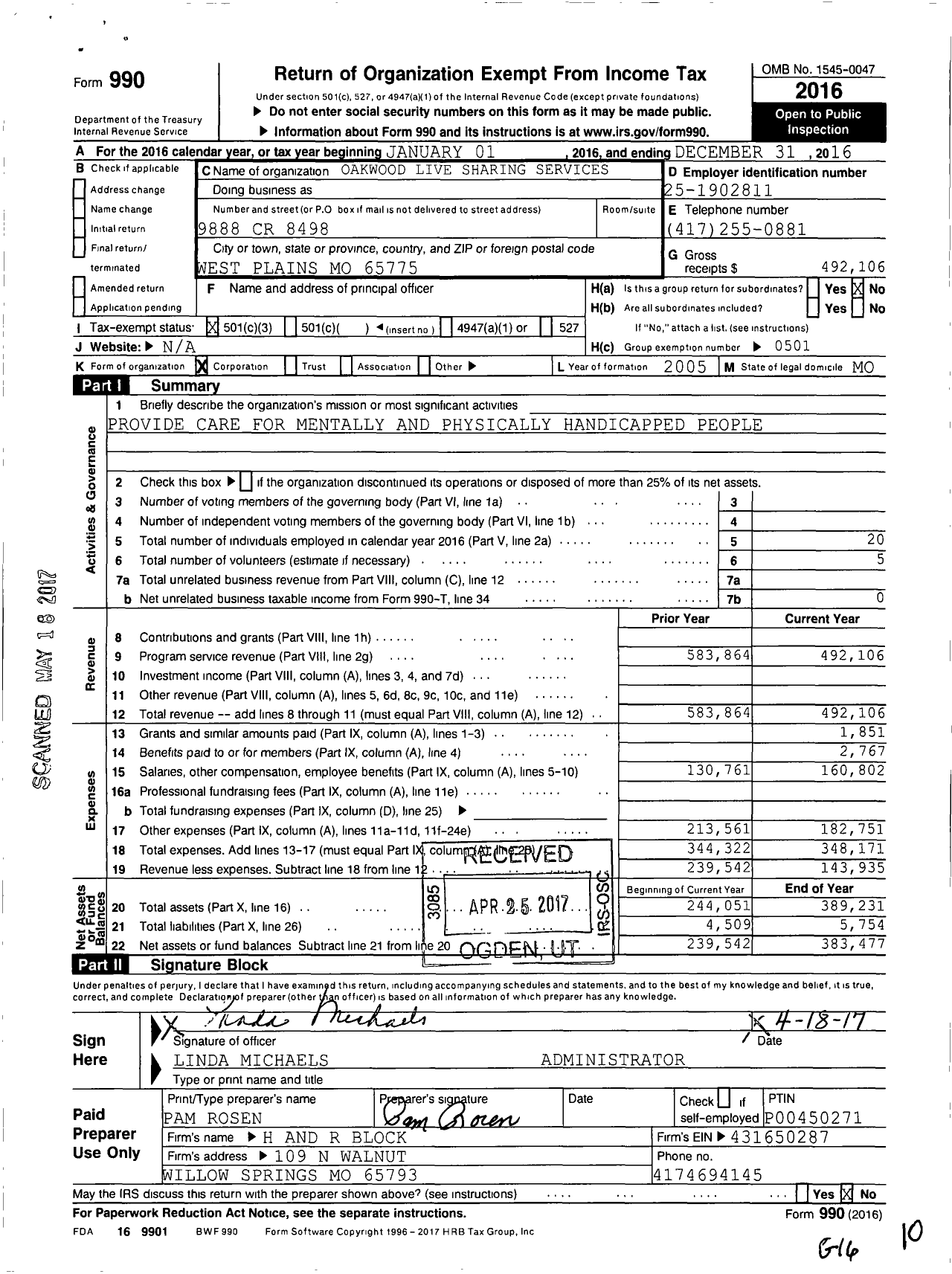 Image of first page of 2016 Form 990 for Oakwood Live Sharing Services