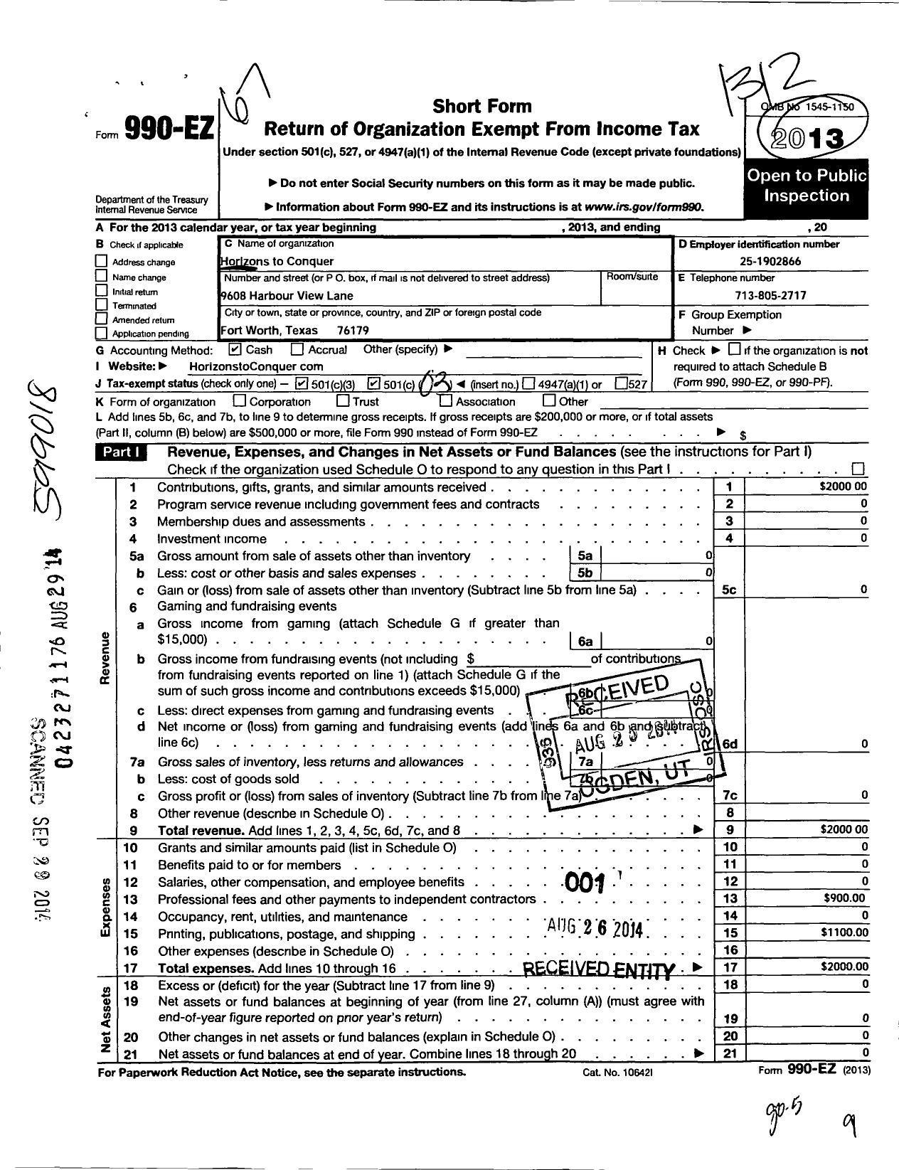 Image of first page of 2013 Form 990EZ for Horizons To Conquer Group Foundation