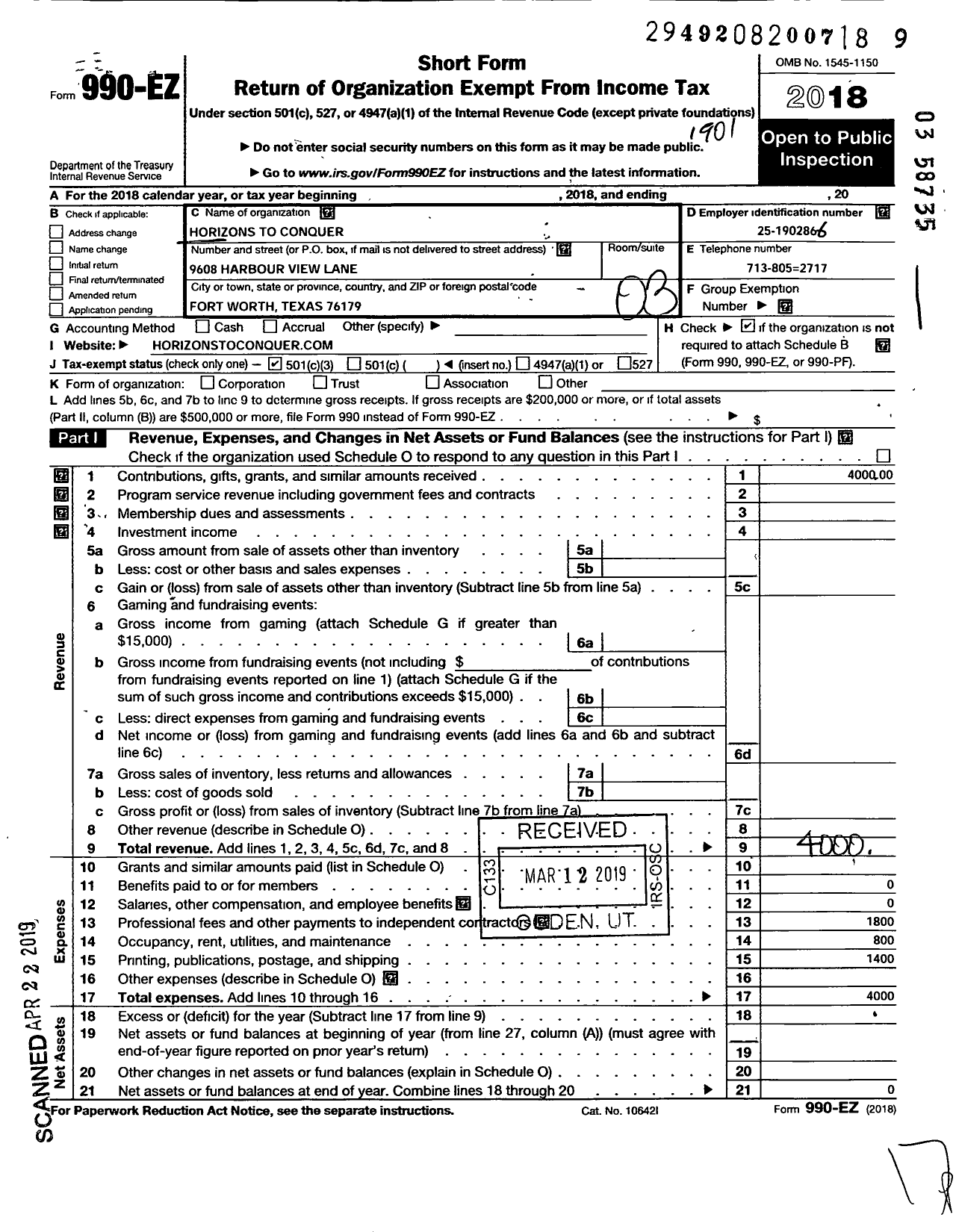 Image of first page of 2018 Form 990EZ for Horizons To Conquer Group Foundation