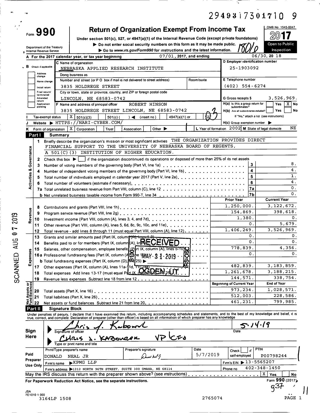 Image of first page of 2017 Form 990 for Nebraska Defense Research Corporation