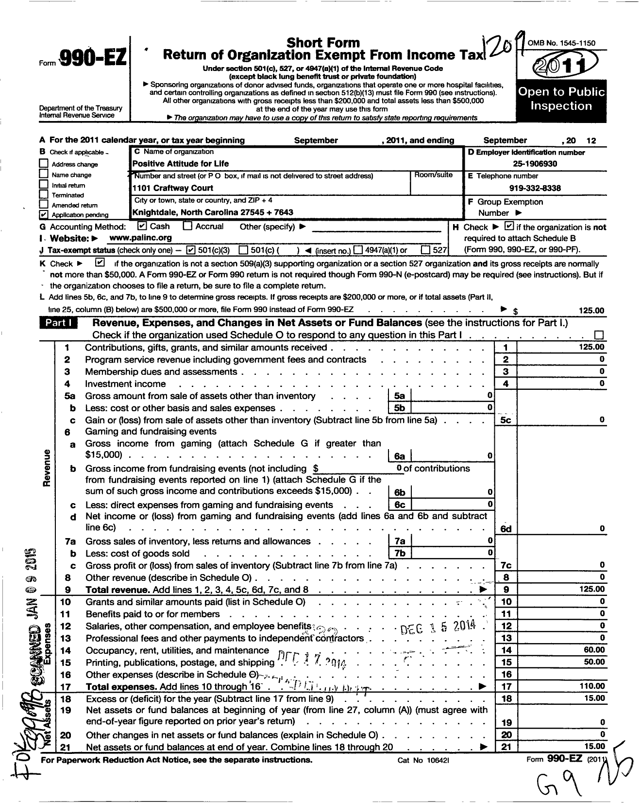 Image of first page of 2011 Form 990EZ for Positive Attitude for Life