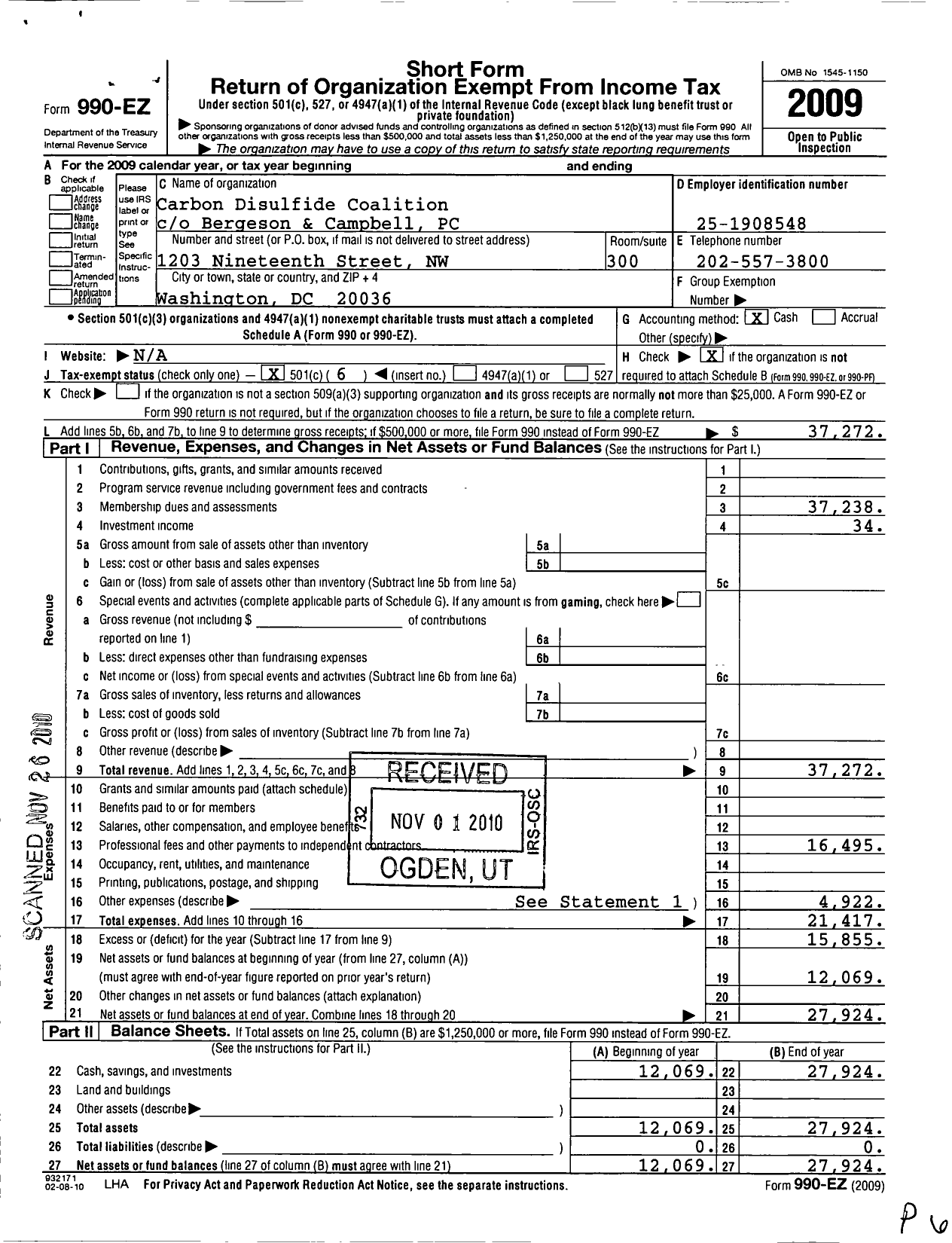 Image of first page of 2009 Form 990EO for Carbon Disulfide Coalition