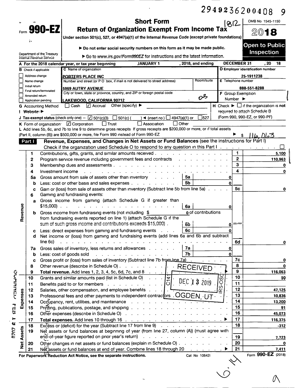 Image of first page of 2018 Form 990EZ for Porters Place