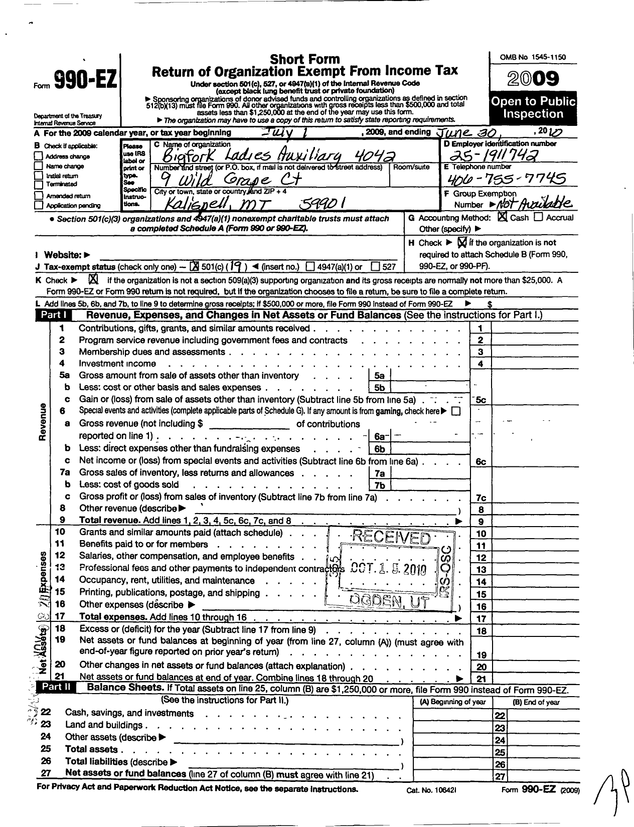 Image of first page of 2009 Form 990EO for Veterans of Foreign Wars of the United States Auxiliary Department - 4042 Bigfork Auxiliary