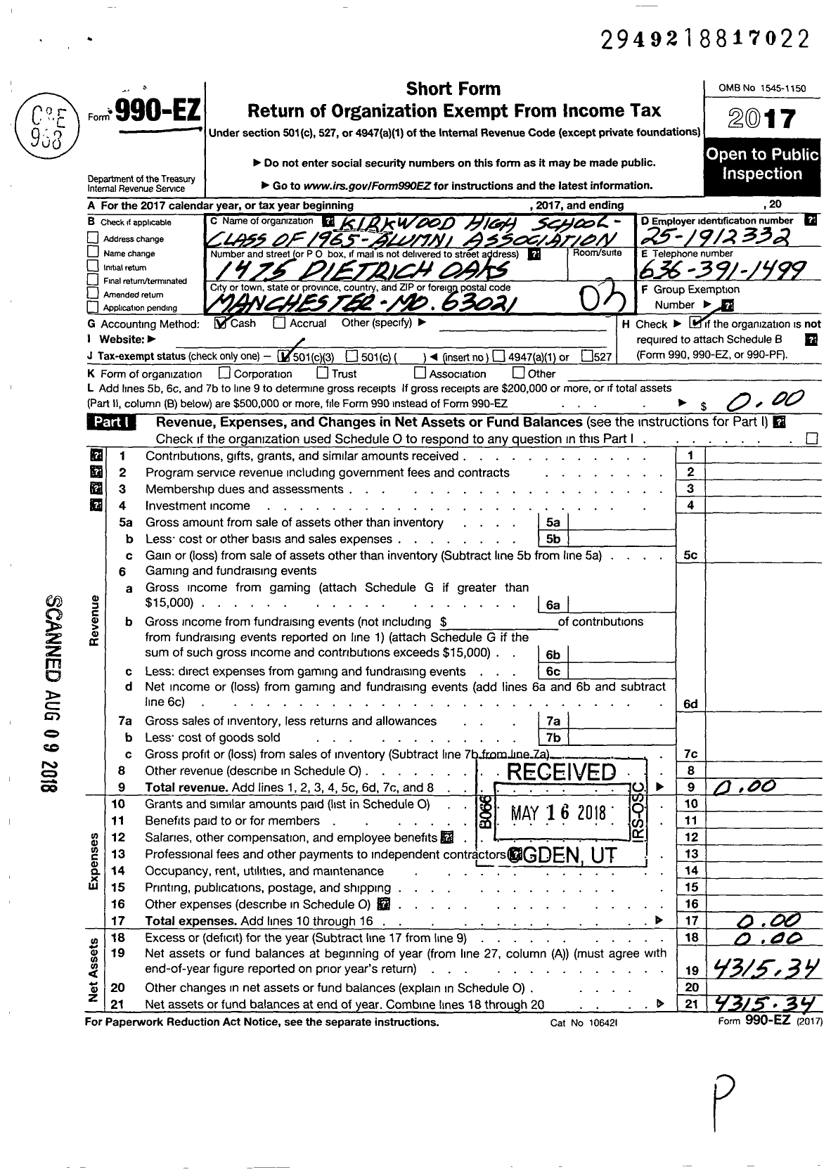 Image of first page of 2017 Form 990EZ for Kirkwood High School Class of 1965 Alumni Association