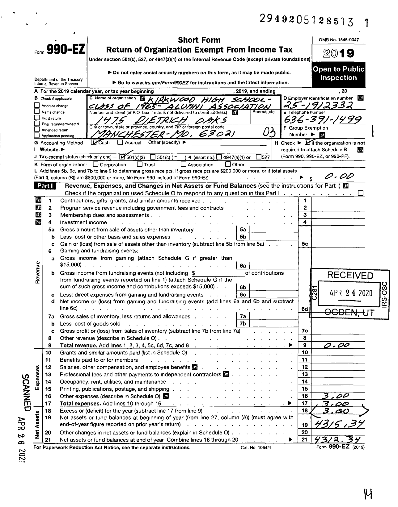 Image of first page of 2019 Form 990EZ for Kirkwood High School Class of 1965 Alumni Association