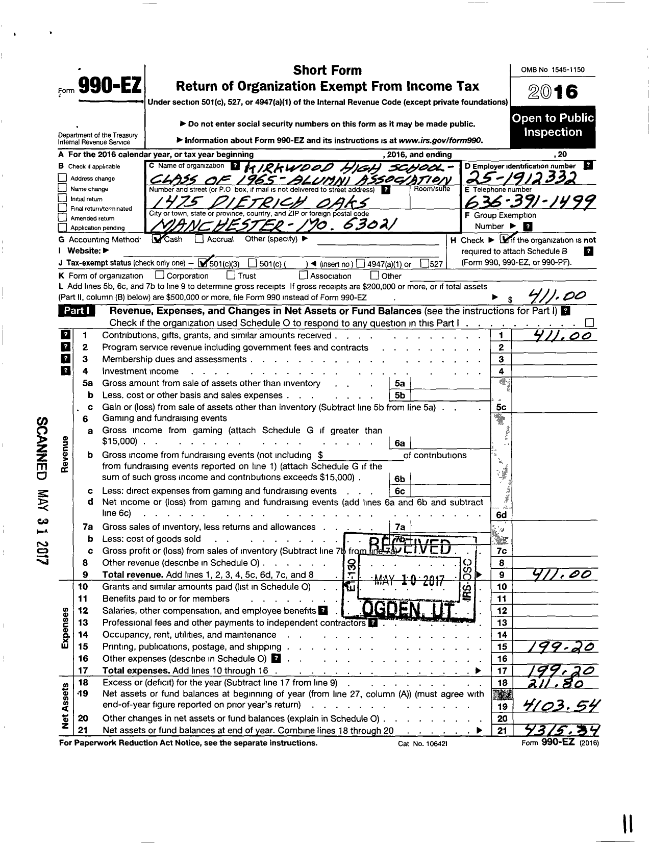 Image of first page of 2016 Form 990EZ for Kirkwood High School Class of 1965 Alumni Association