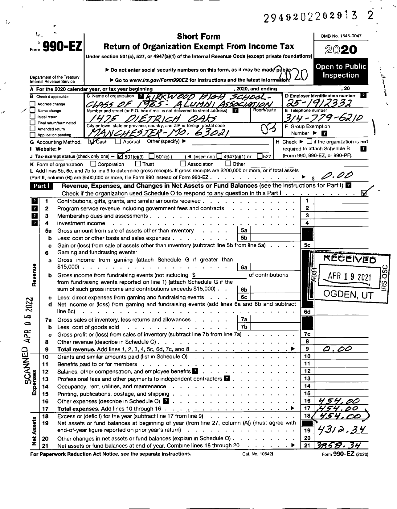 Image of first page of 2020 Form 990EZ for Kirkwood High School Class of 1965 Alumni Association