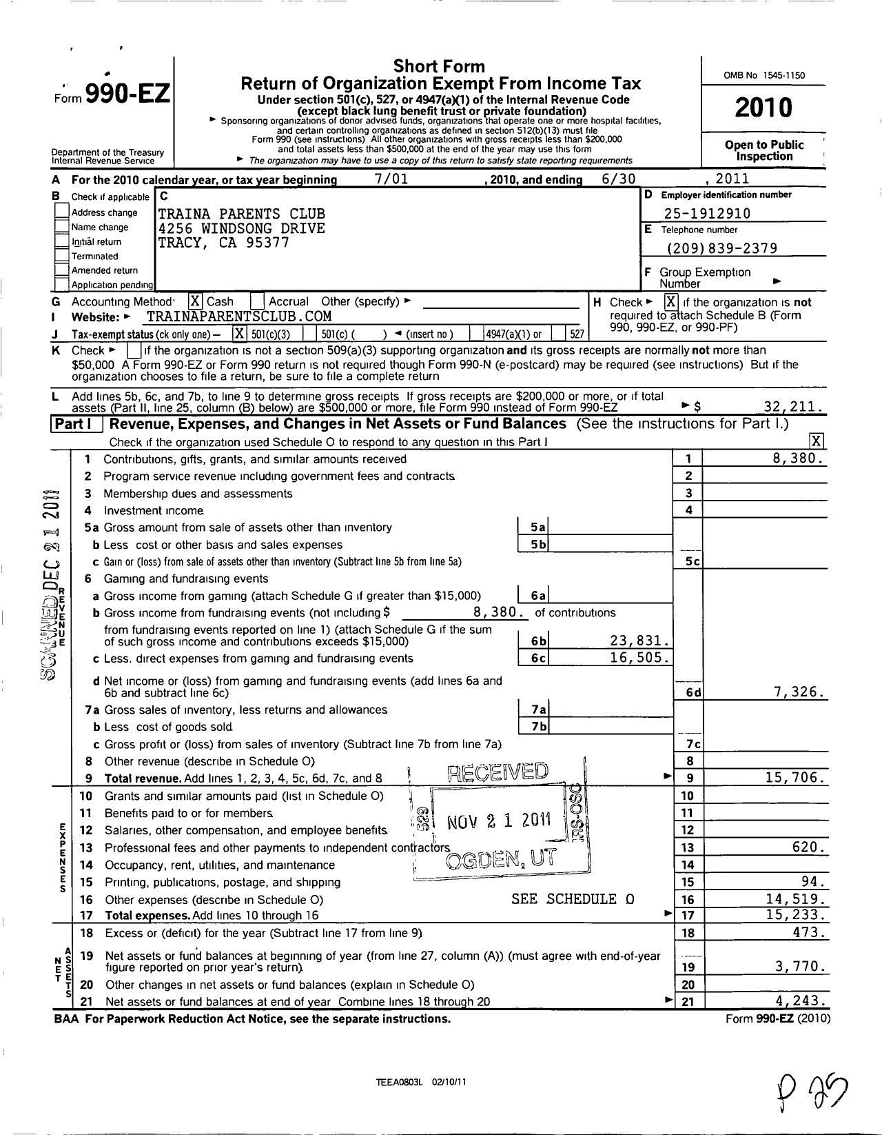 Image of first page of 2010 Form 990EZ for Traina Parents Club