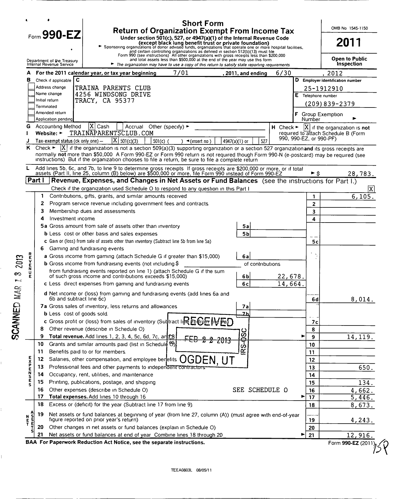 Image of first page of 2011 Form 990EZ for Traina Parents Club