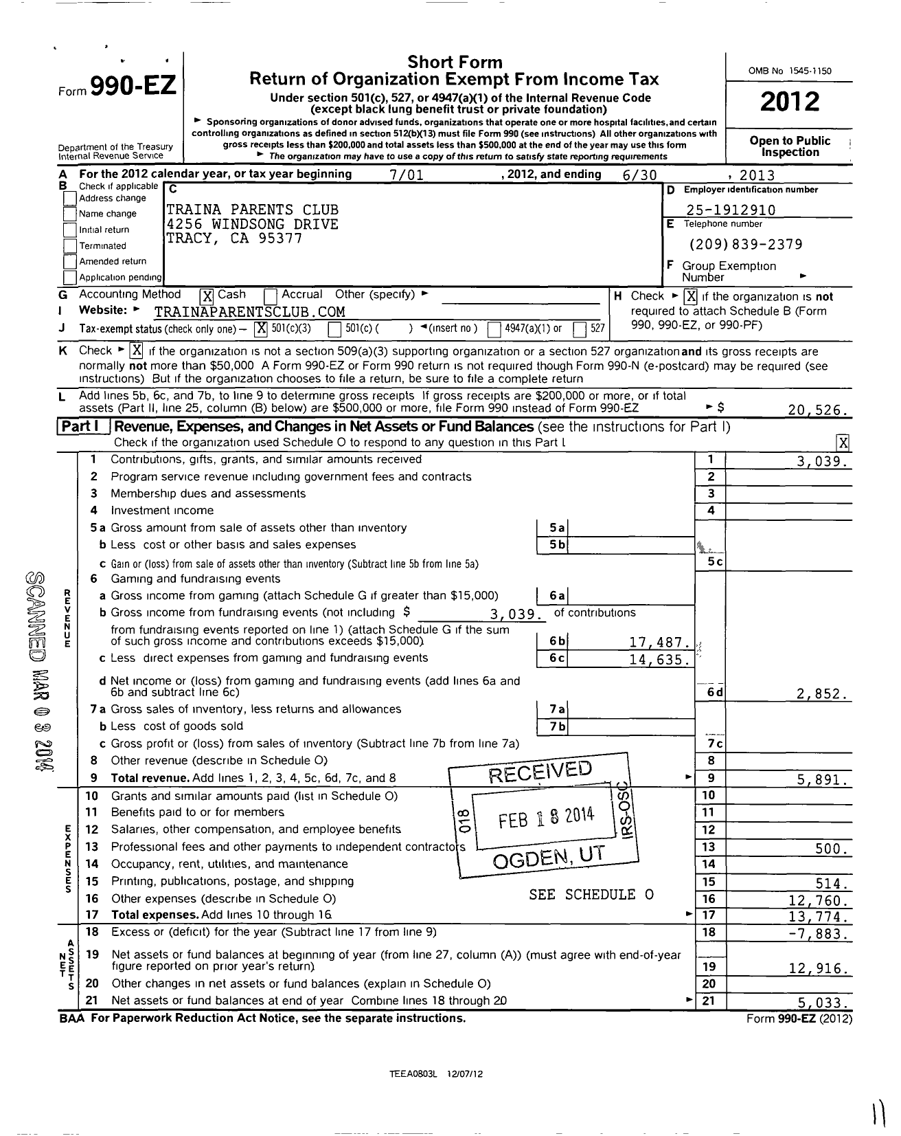 Image of first page of 2012 Form 990EZ for Traina Parents Club