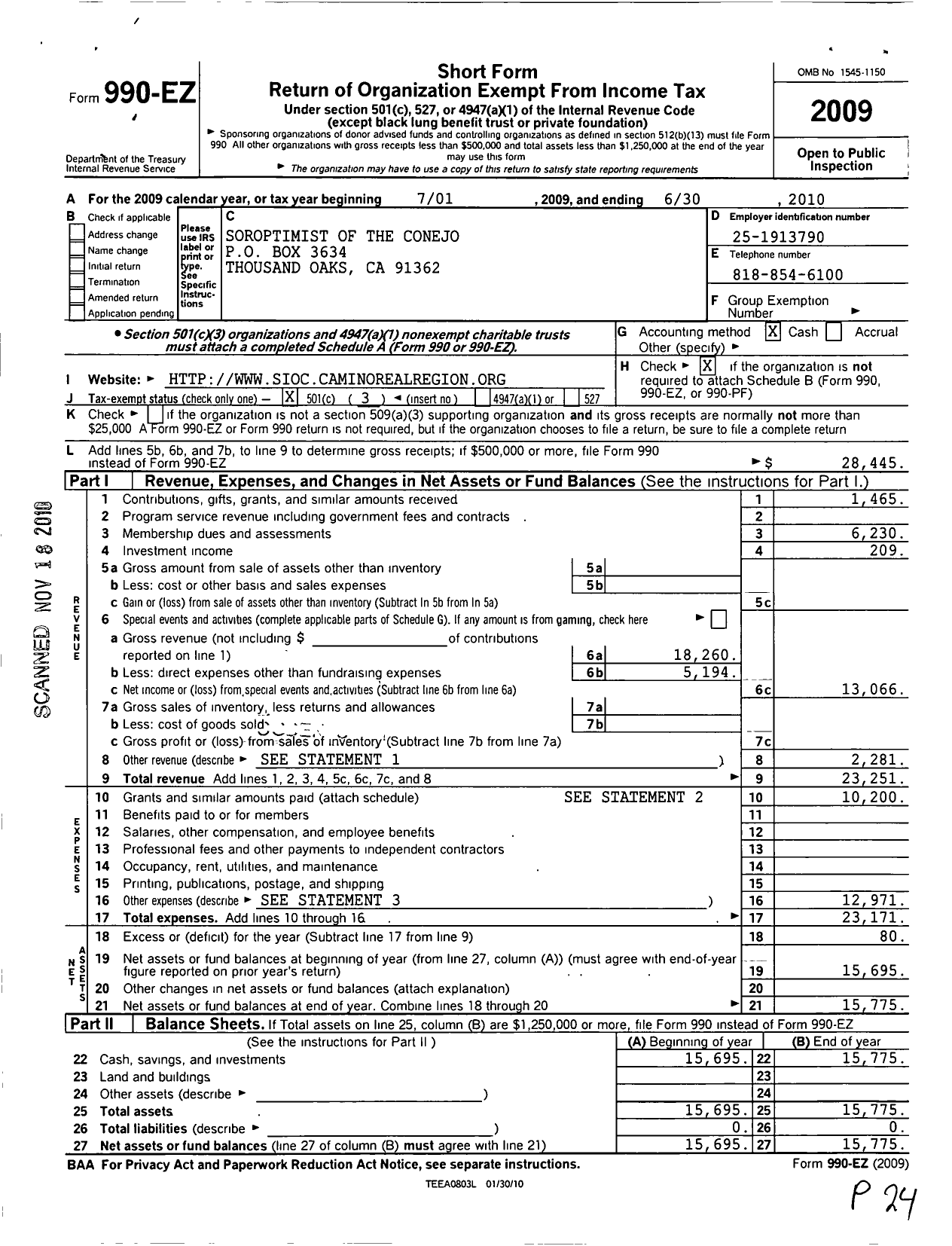 Image of first page of 2009 Form 990EZ for Soroptimist International of Conejo Valley - 112525 Conejo Valley Ca