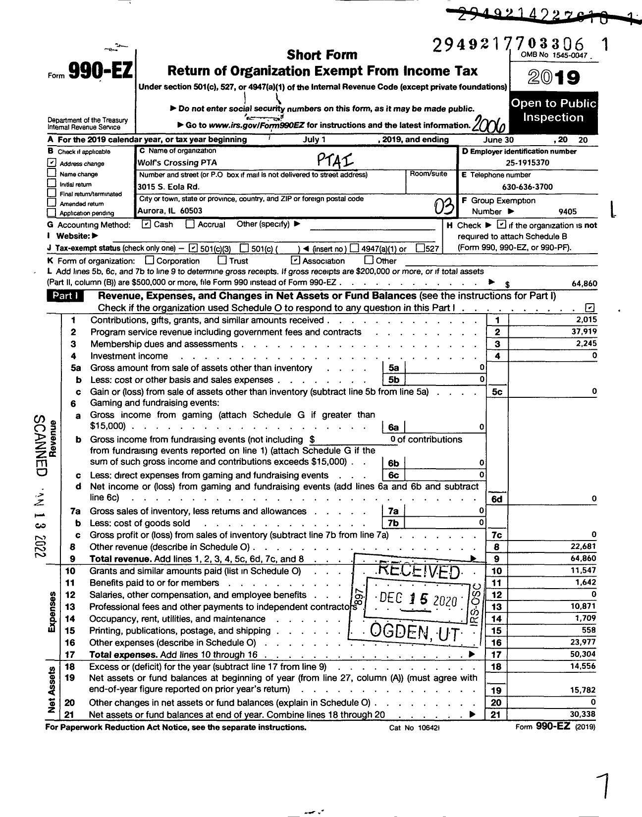 Image of first page of 2019 Form 990EZ for Illinois PTA - Wolfs Crossing PTA