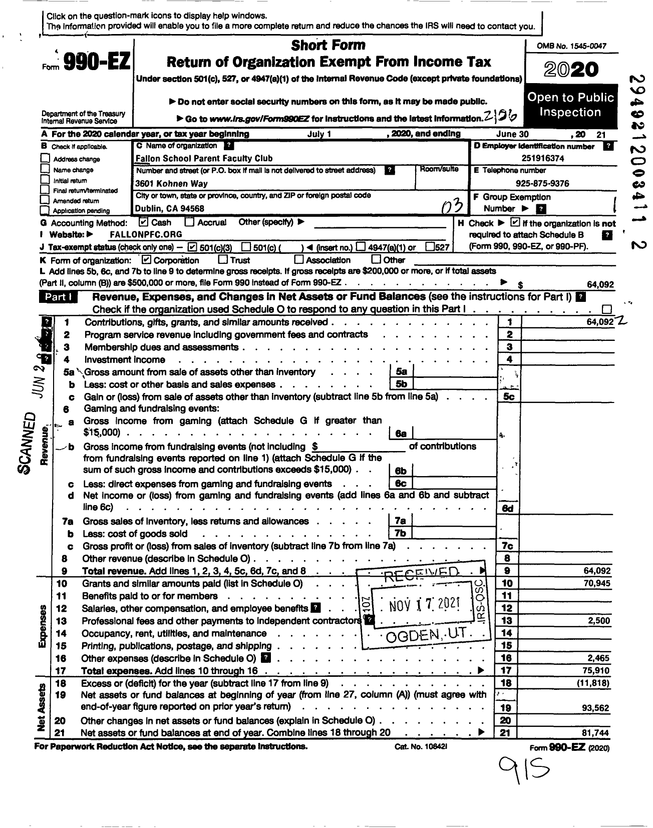 Image of first page of 2020 Form 990EZ for Fallon School Parent Faculty Club