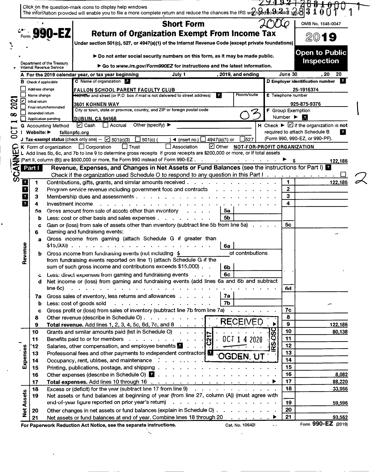 Image of first page of 2019 Form 990EZ for Fallon School Parent Faculty Club