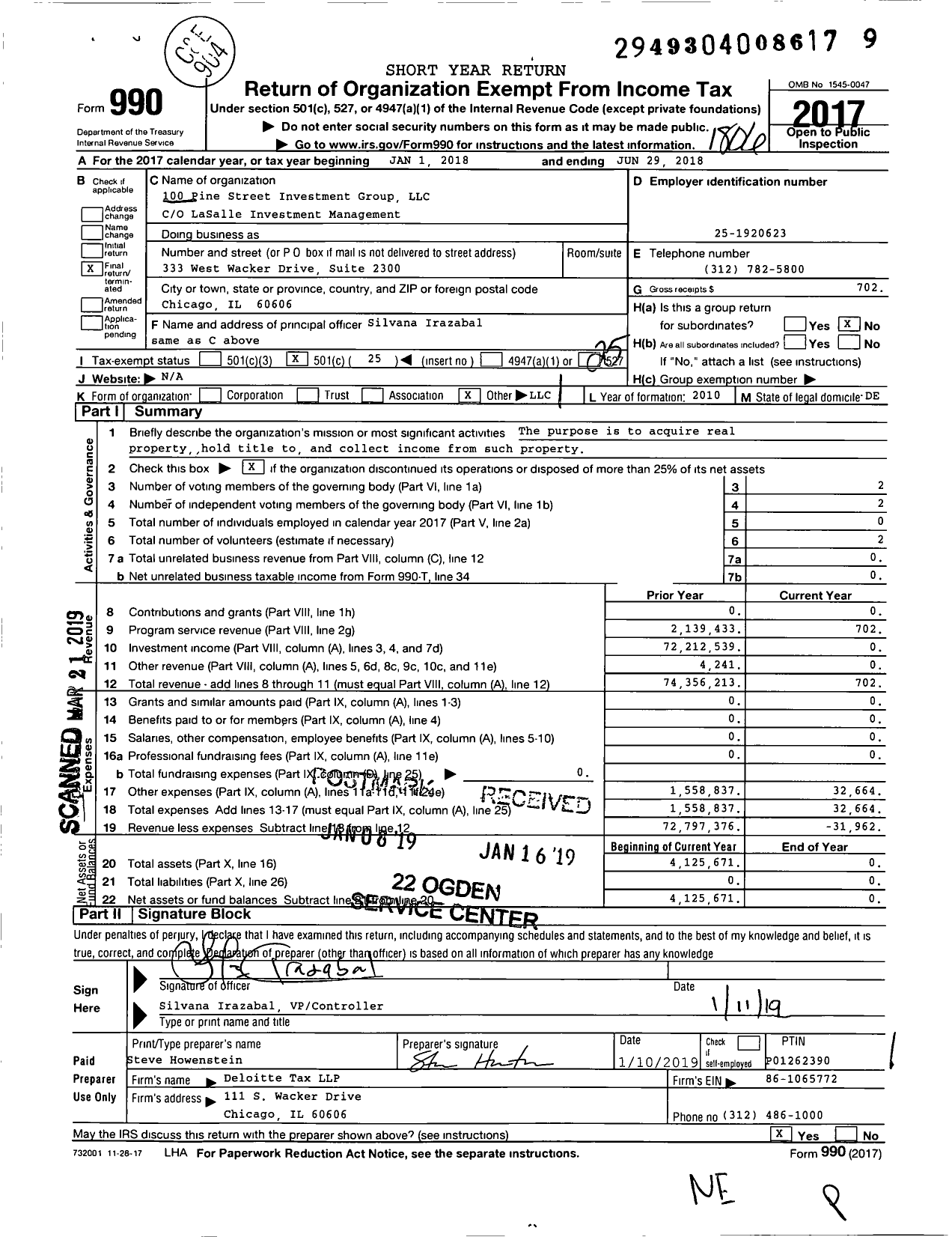 Image of first page of 2017 Form 990O for 100 Pine Street Investment Group LLC