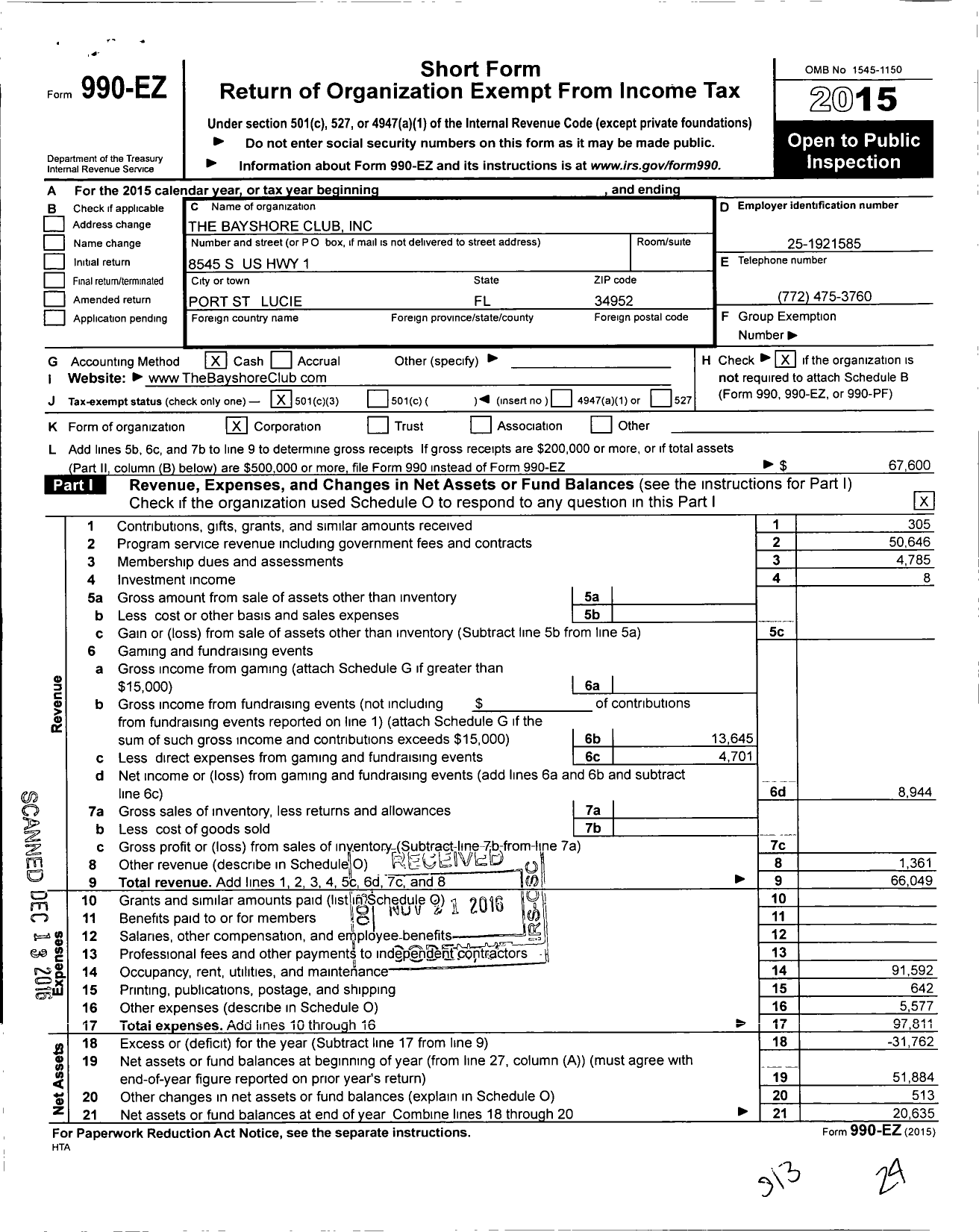 Image of first page of 2015 Form 990EZ for The Bayshore Club