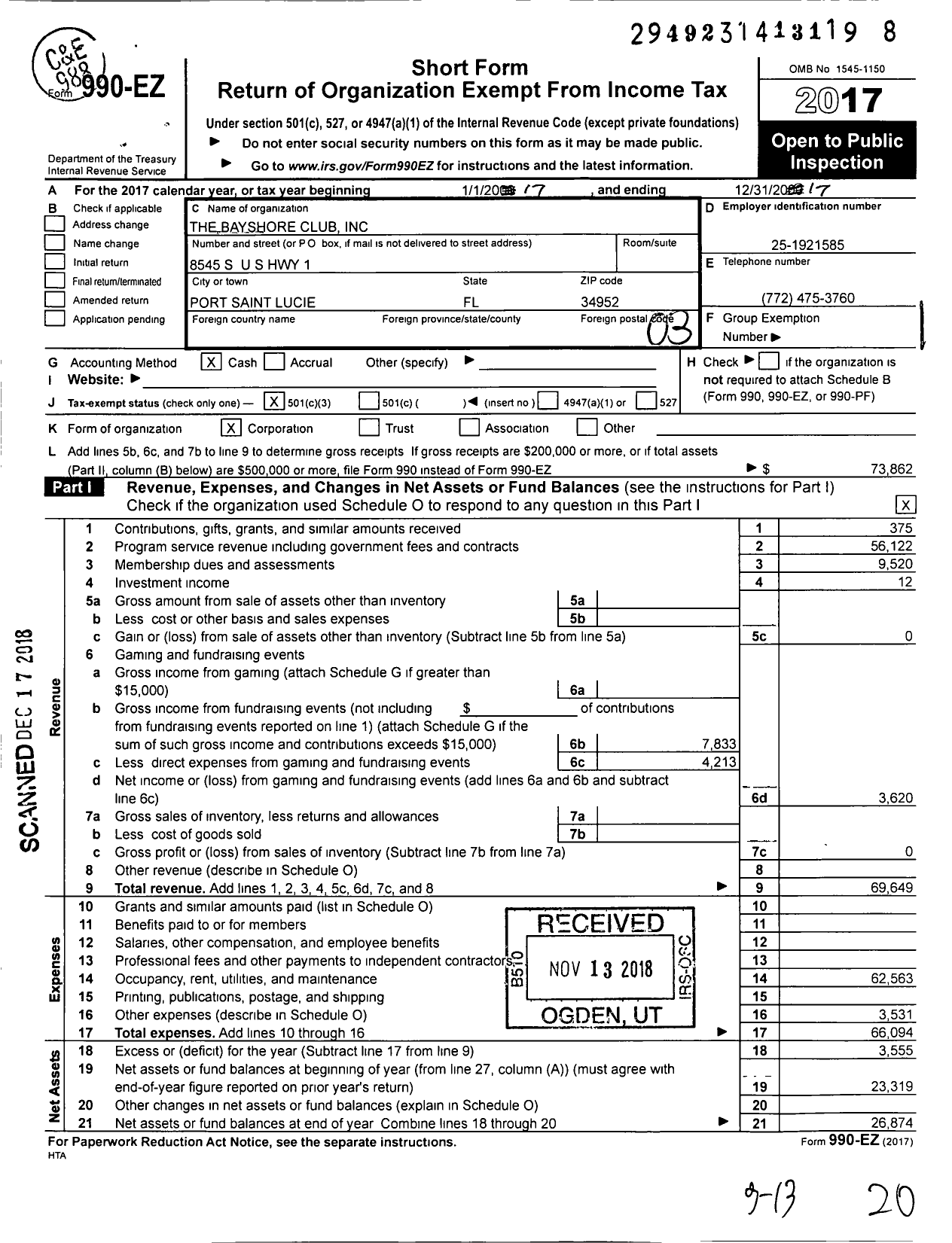 Image of first page of 2017 Form 990EZ for The Bayshore Club