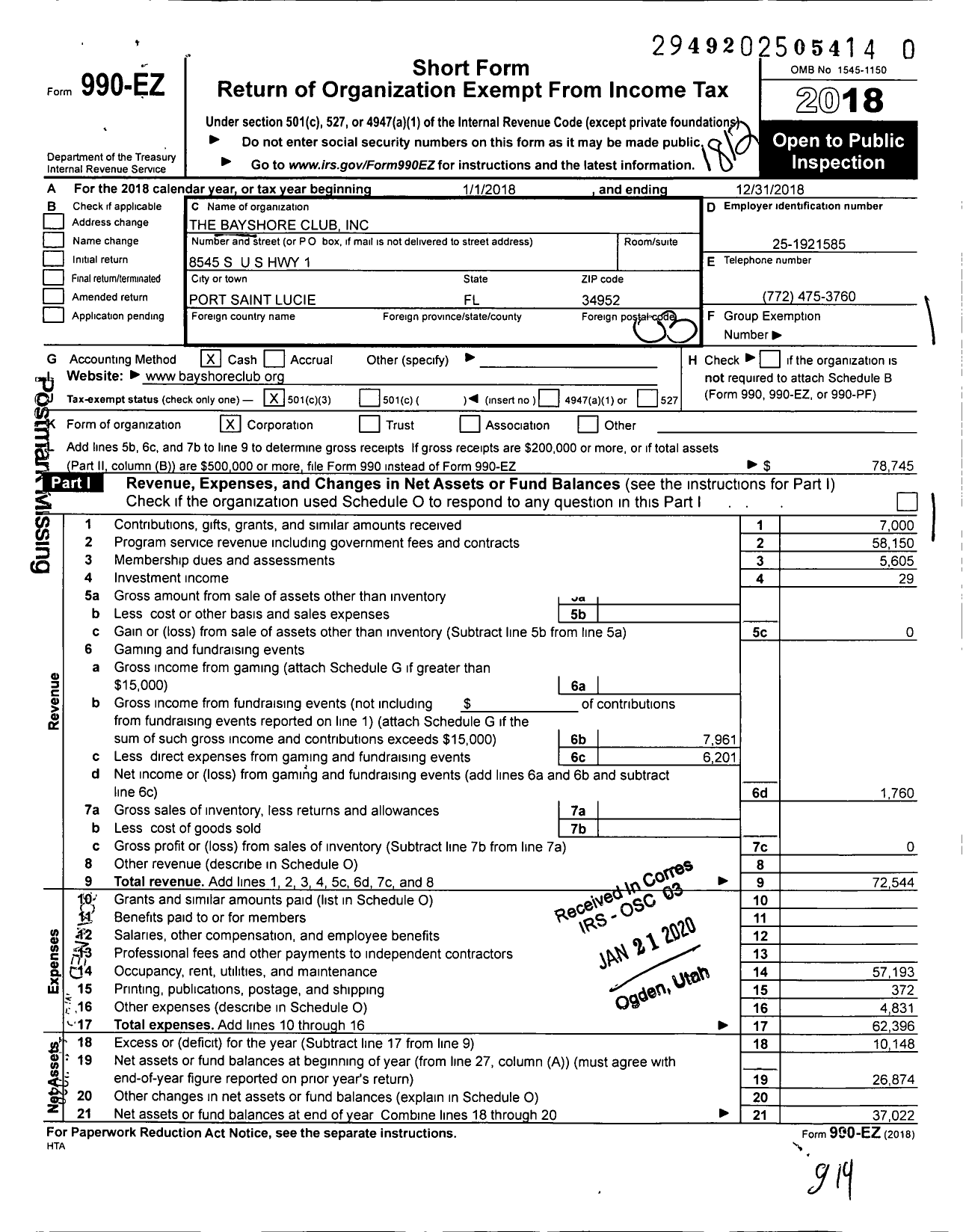 Image of first page of 2018 Form 990EZ for The Bayshore Club