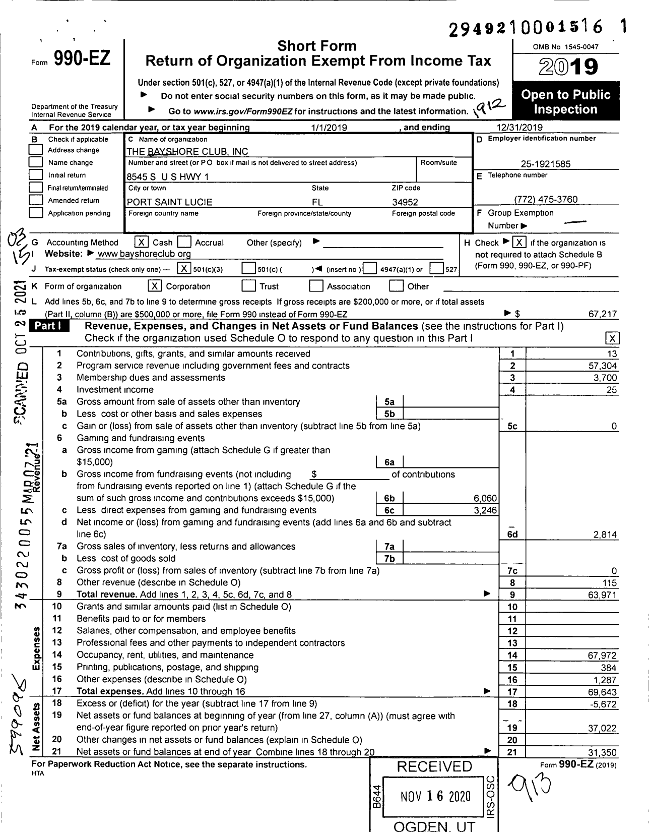 Image of first page of 2019 Form 990EZ for The Bayshore Club