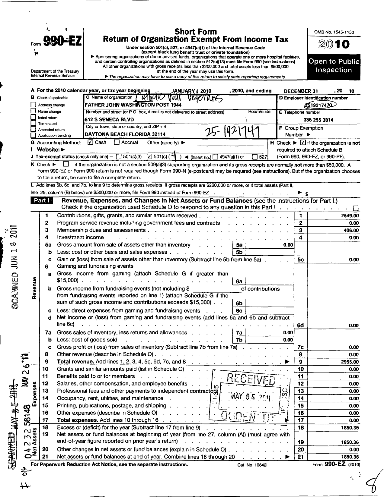 Image of first page of 2010 Form 990EO for Catholic War Veterans of the United States of America - 1944 Father John Washington Post